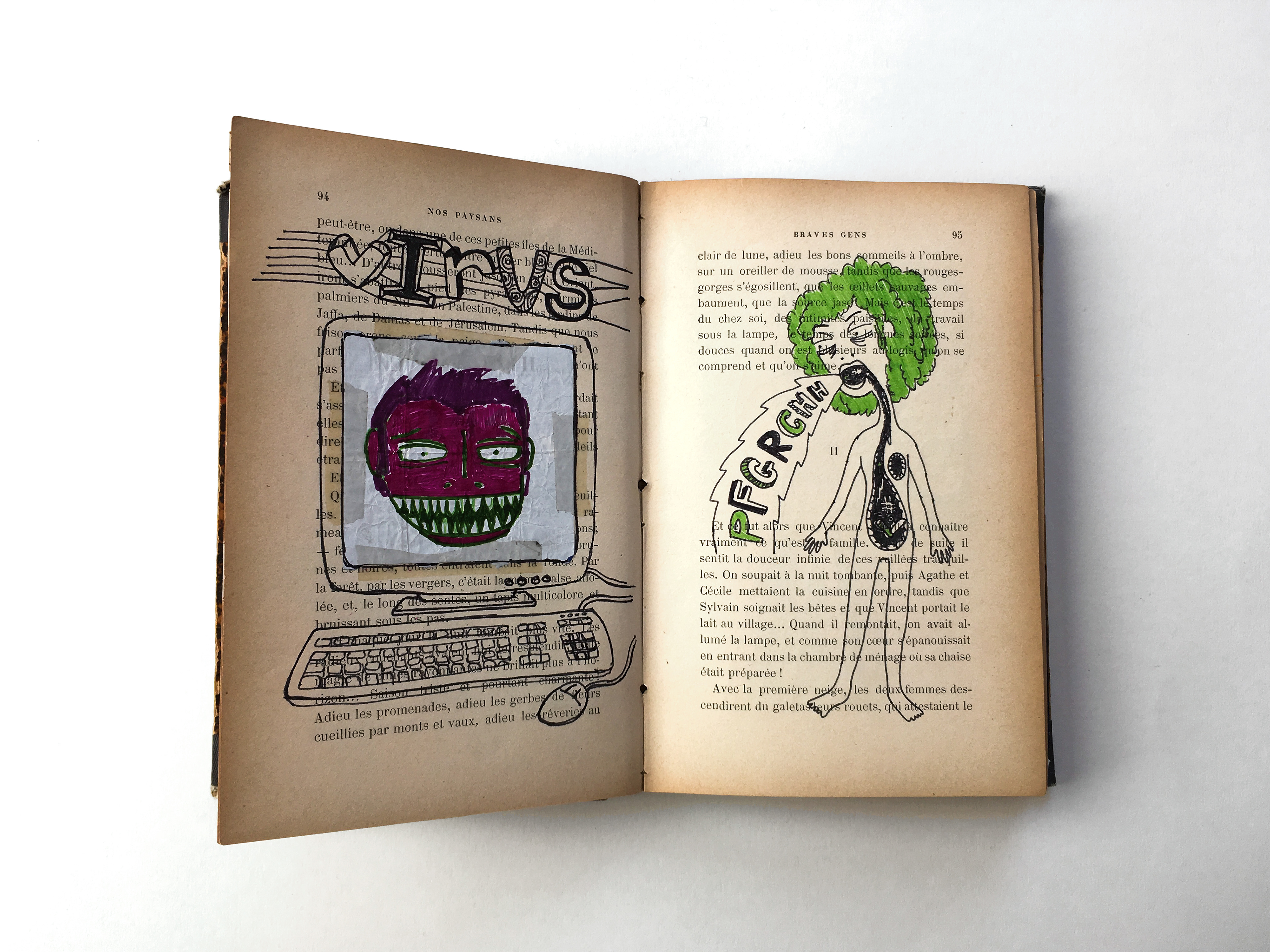 Illustration on repurposed book of a computer virus and a stomach virus