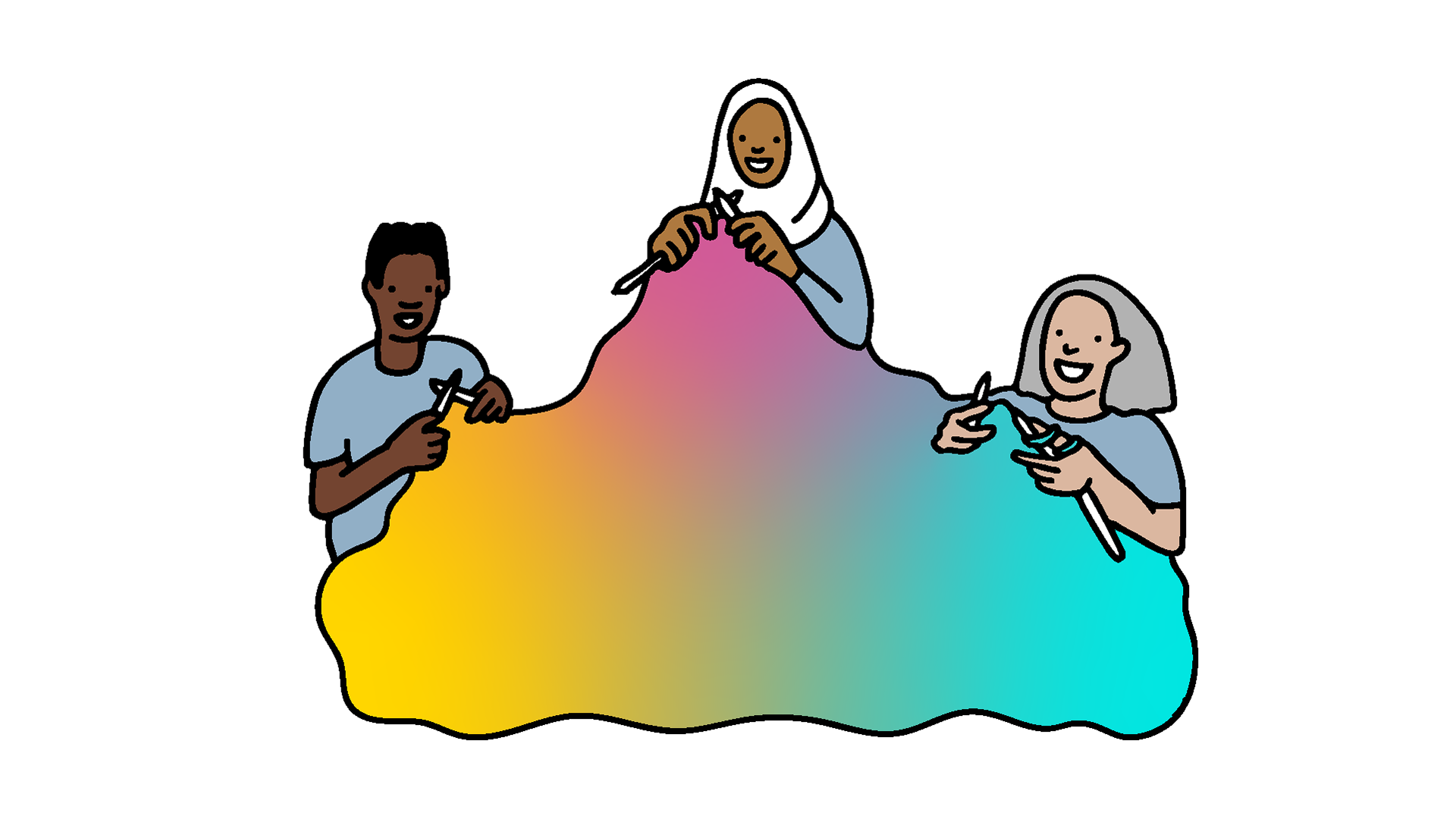 Illustration of three people knitting one colourful blanket together