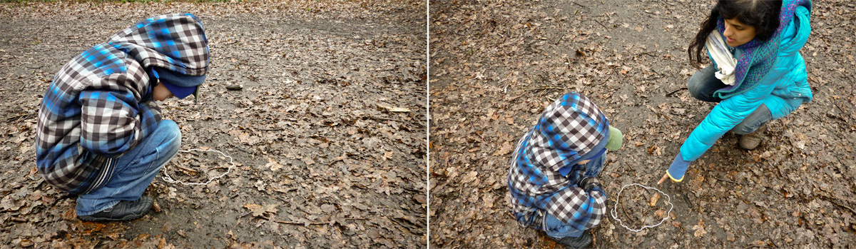 Photographs of a child observing the ground carefully, following guidance from an educator
