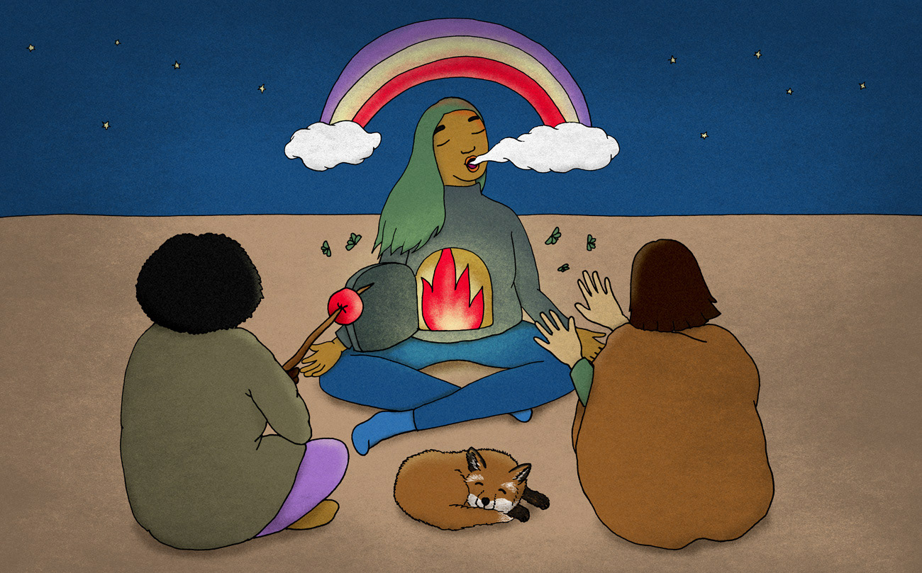 Illustration of woman sitting crossed legged with fire inside, and two other people and a fox sitting around her, enjoying the warmth