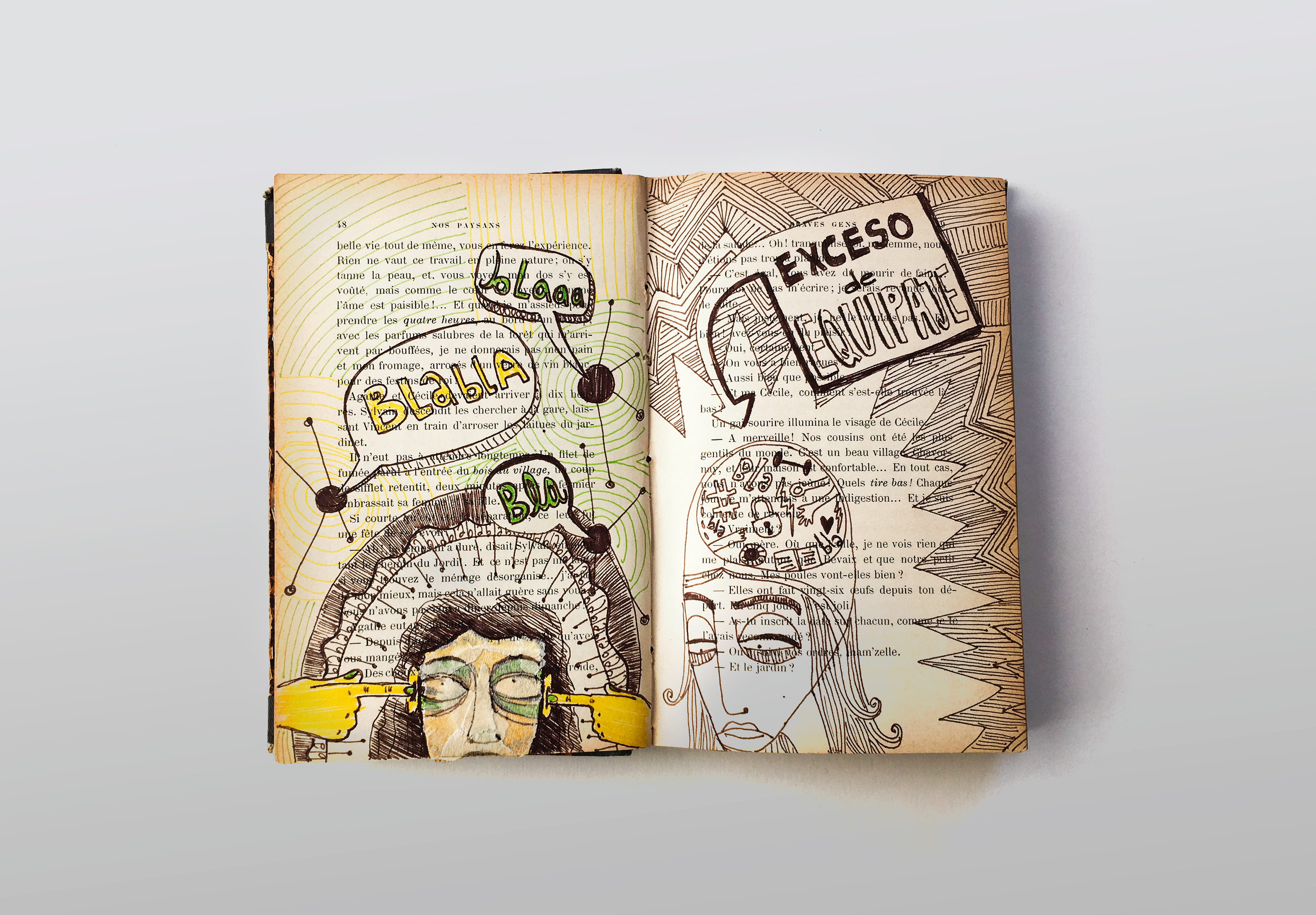 Illustration on repurposed book featuring woman overwhelmed with noice