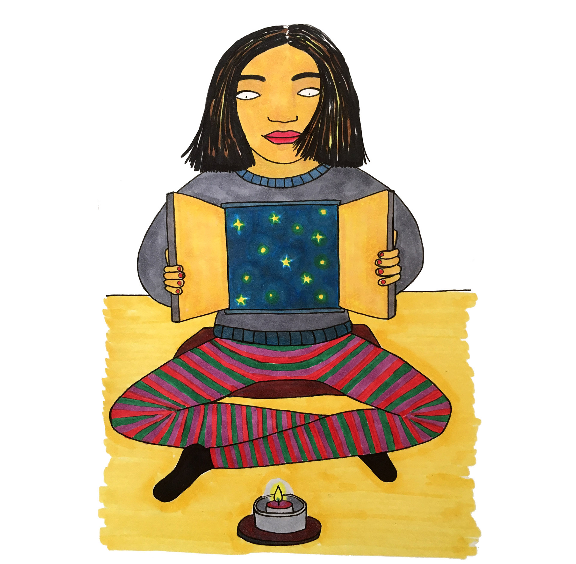 Illustration of woman opening a window  to the universe inside her