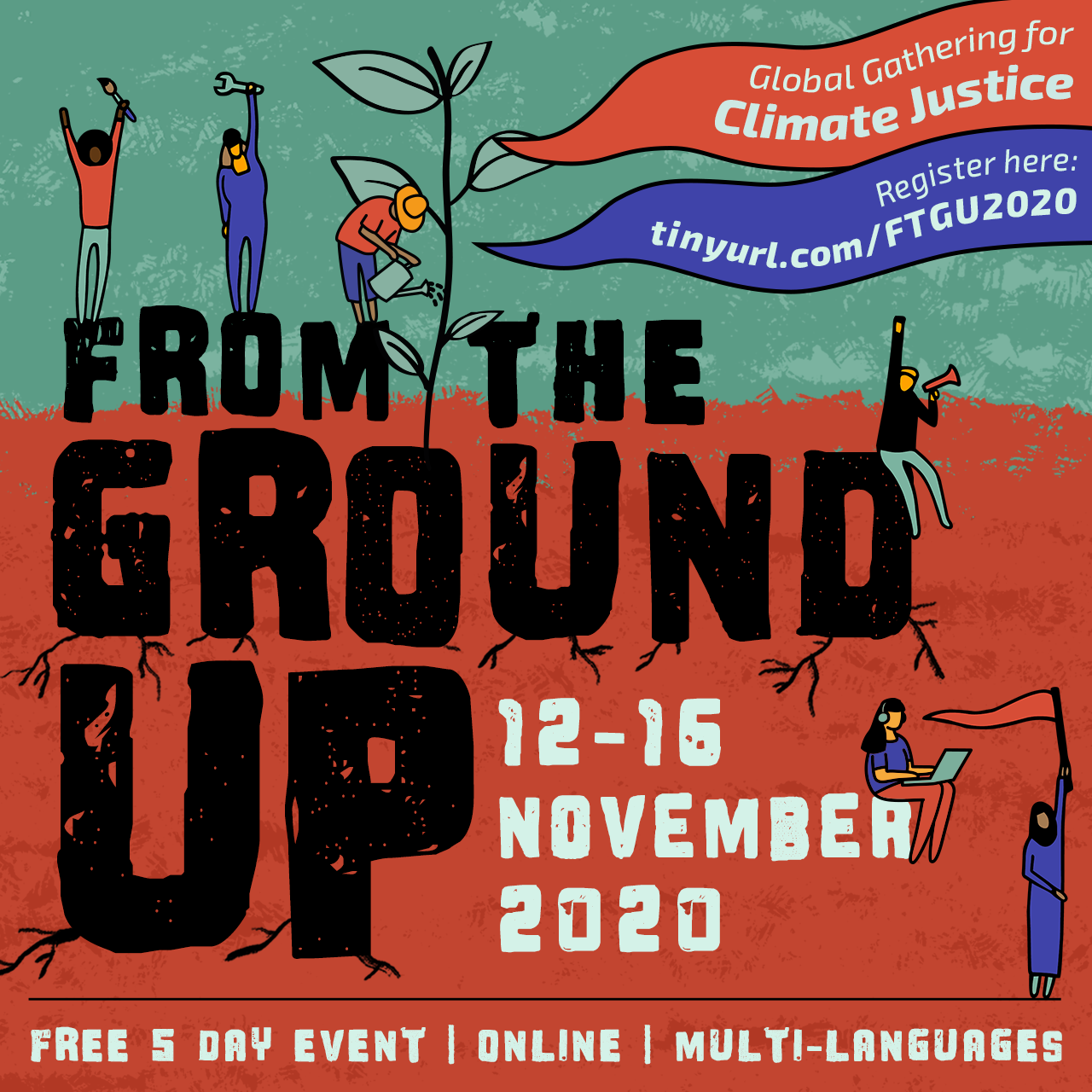 Climate justice event square poster with black letters on teal and red background
