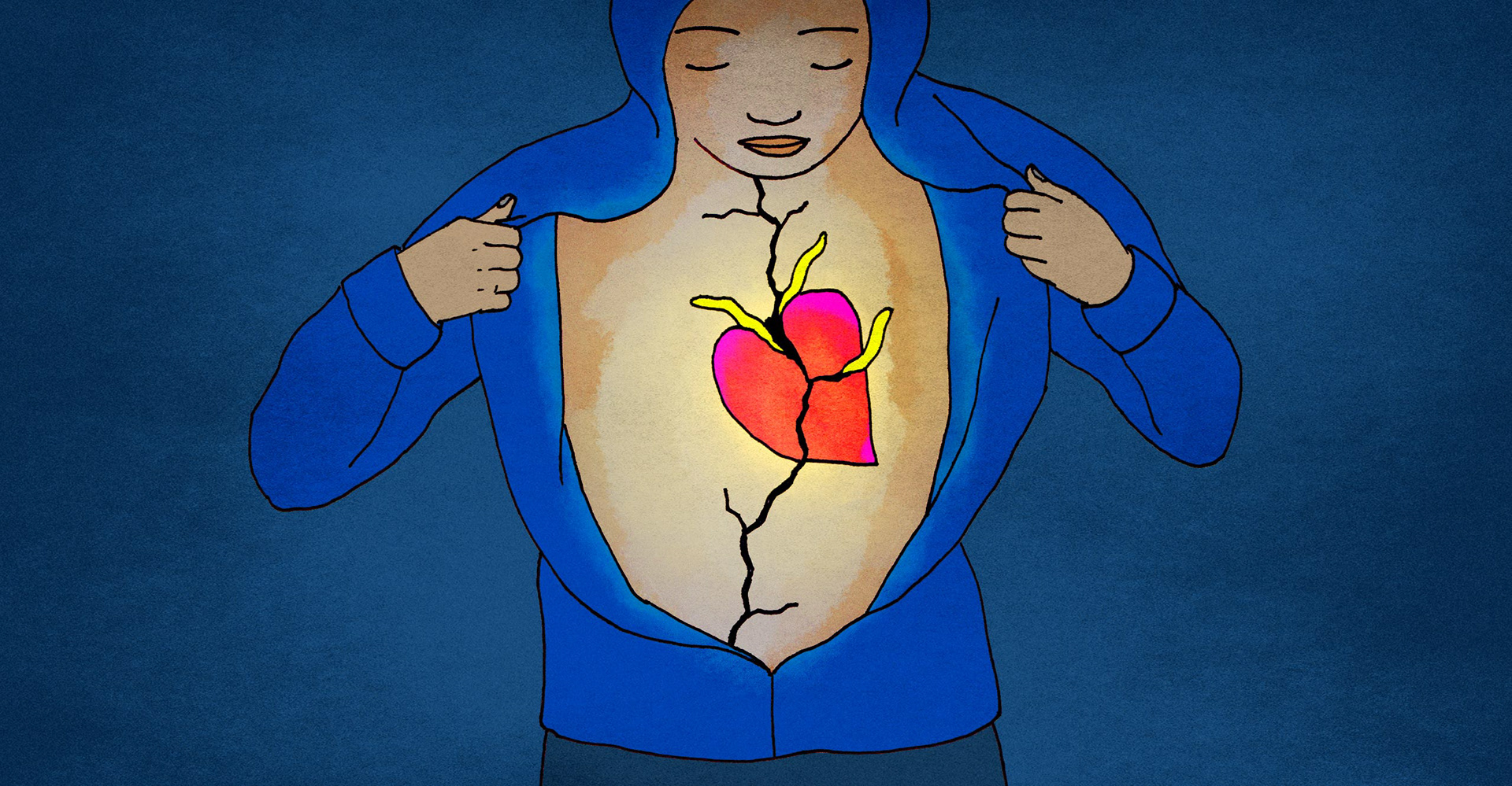 Night-time illustration of person opening hoodie to reveal broken heart with life growing from it