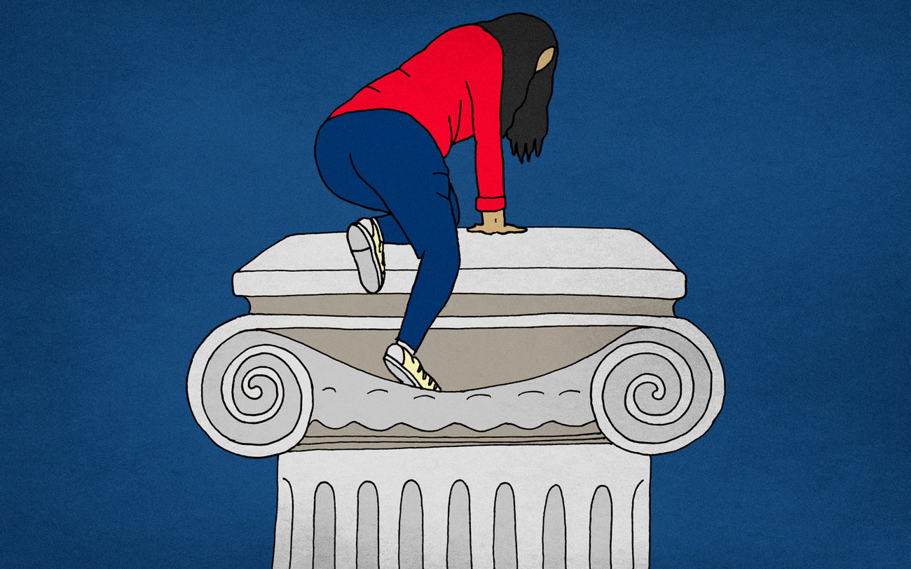 Illustration of a woman climbing down from a pedestal