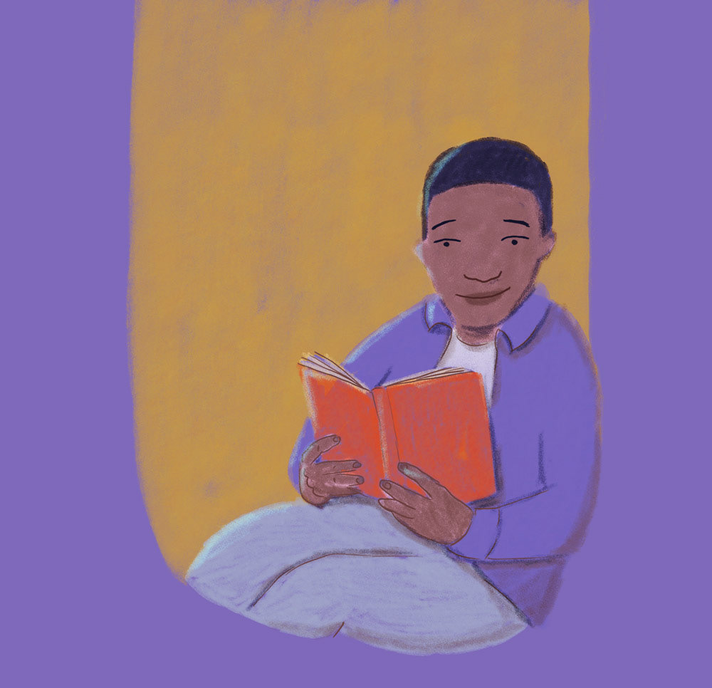 Illustration of young black man reading a book