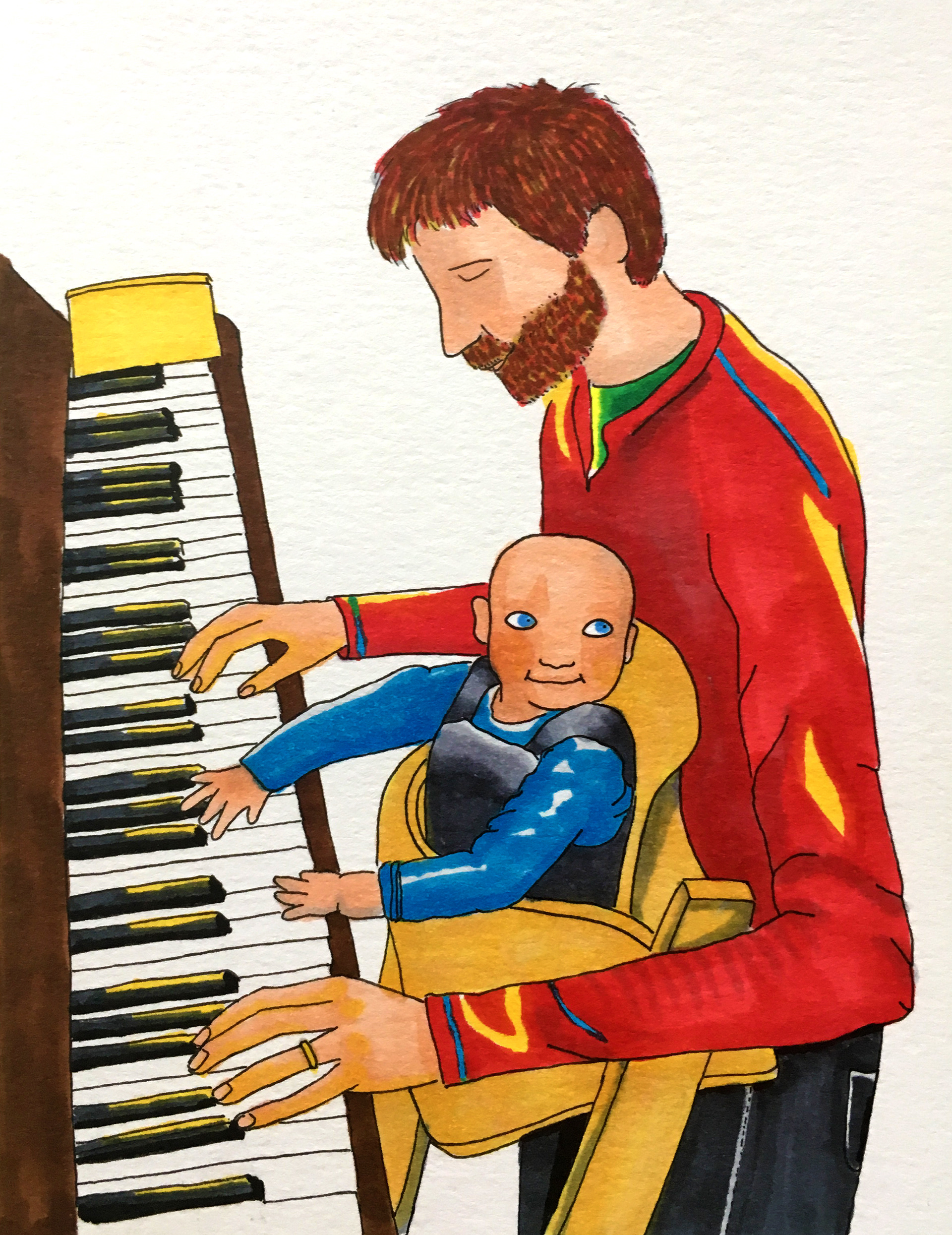 Marker illustration of man and baby playing the piano 