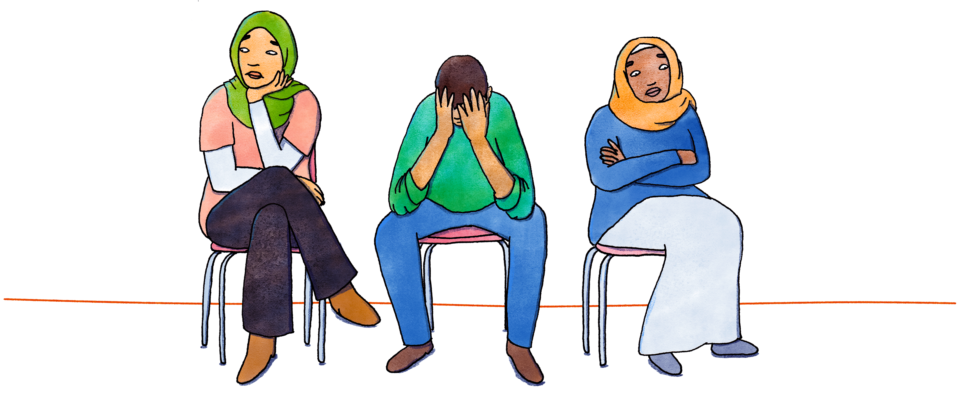 Three people sitting, look frustrated