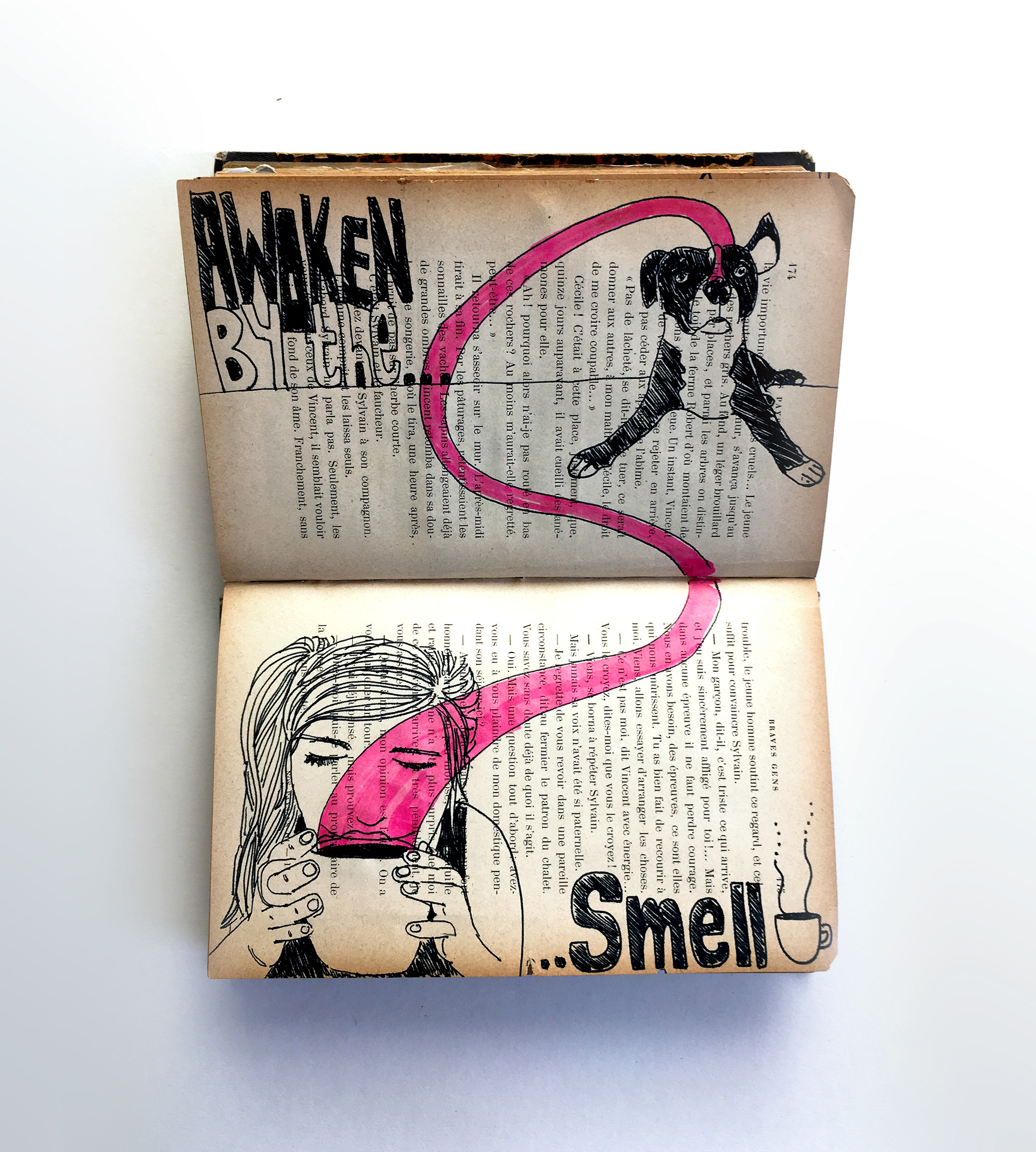 Illustration on repurposed book featuring woman drinking coffee and dog waking up with the smell