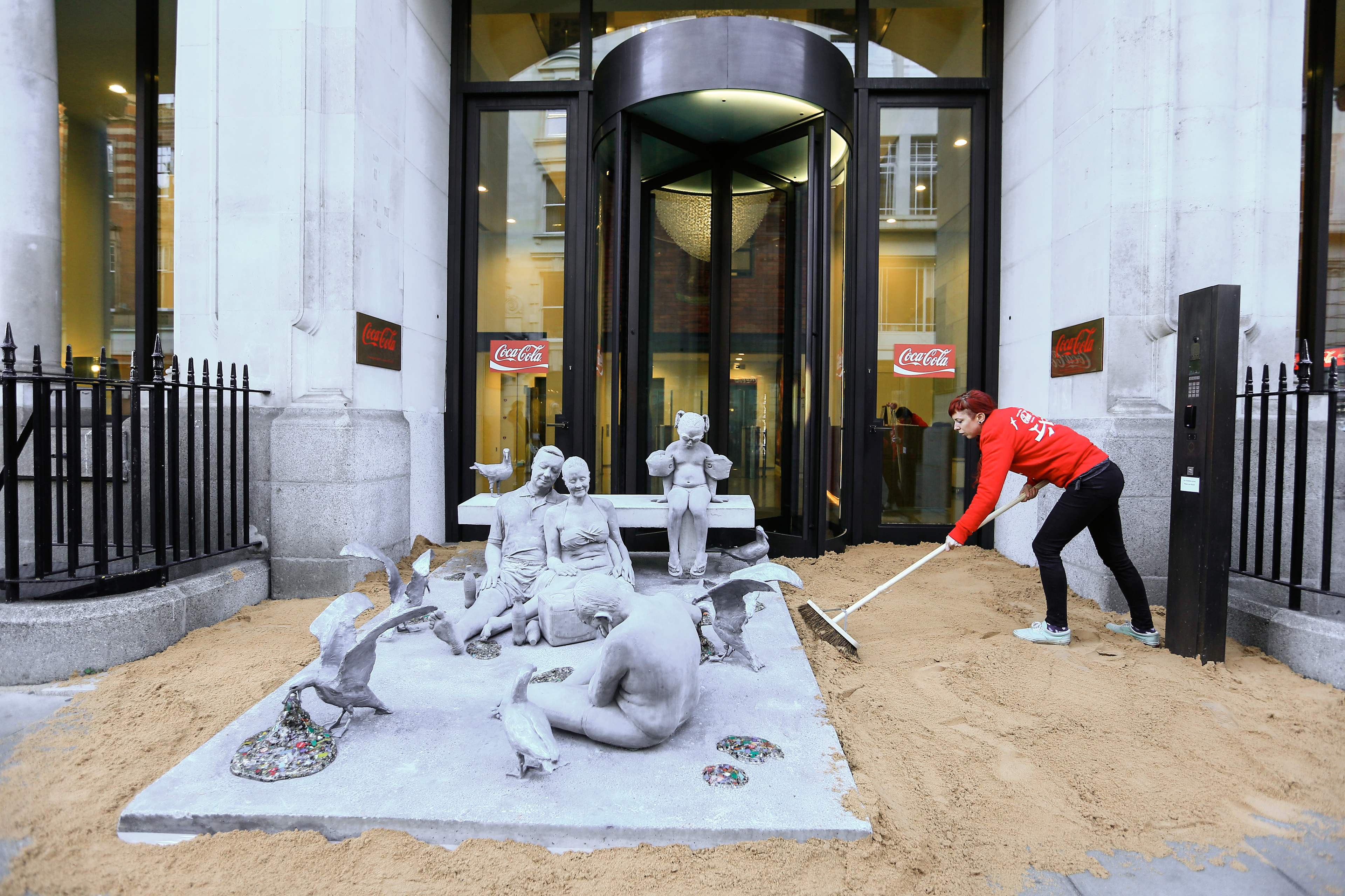 Plasticide sculpture outside entrance to Coca-Cola's HQ in London