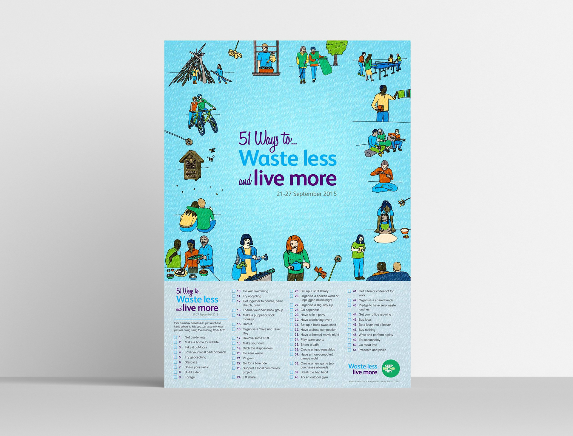 Poster with illustrations and outlining 51 ways to waste less and live more