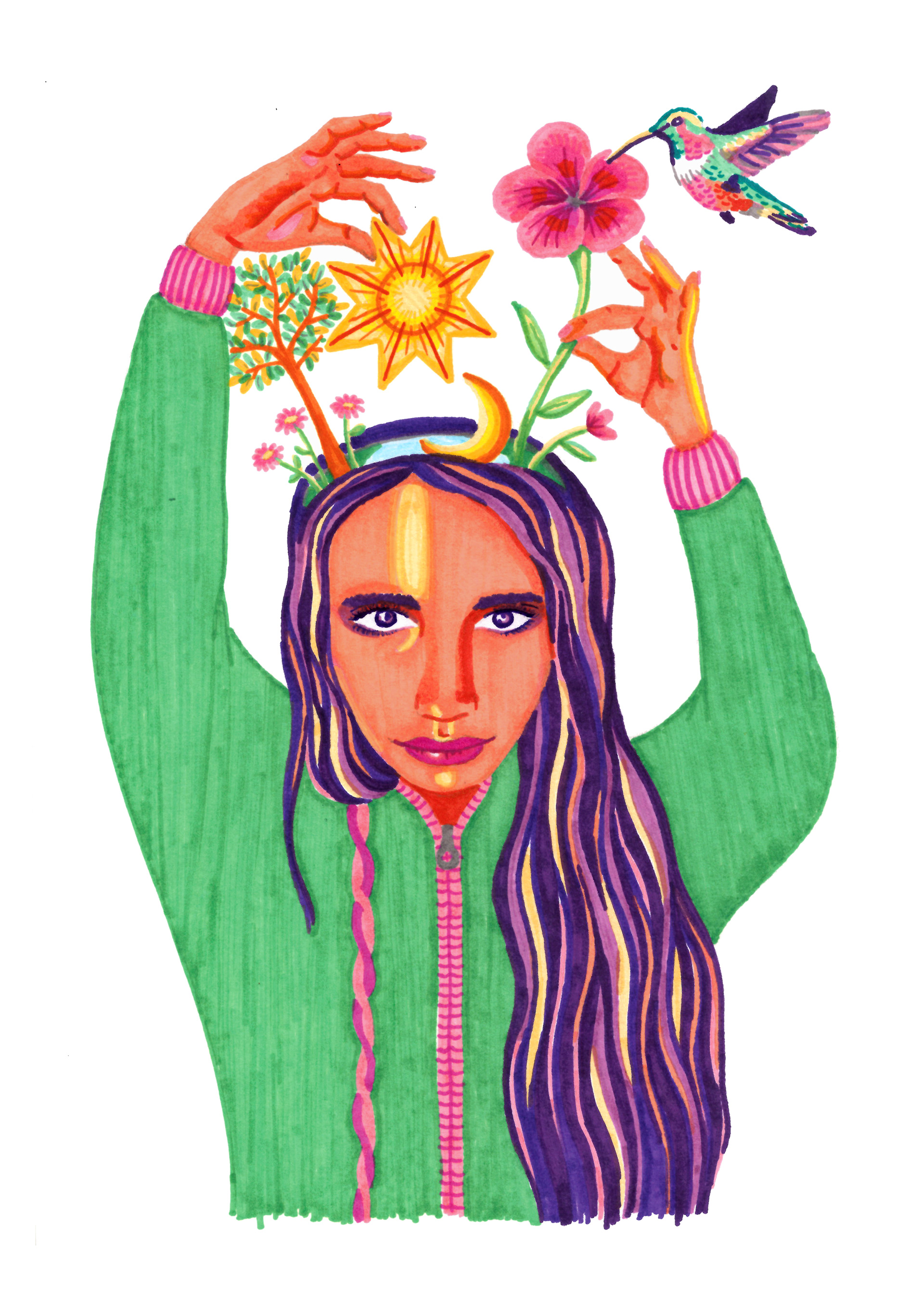 Marker illustration of woman picking her thoughts carefully