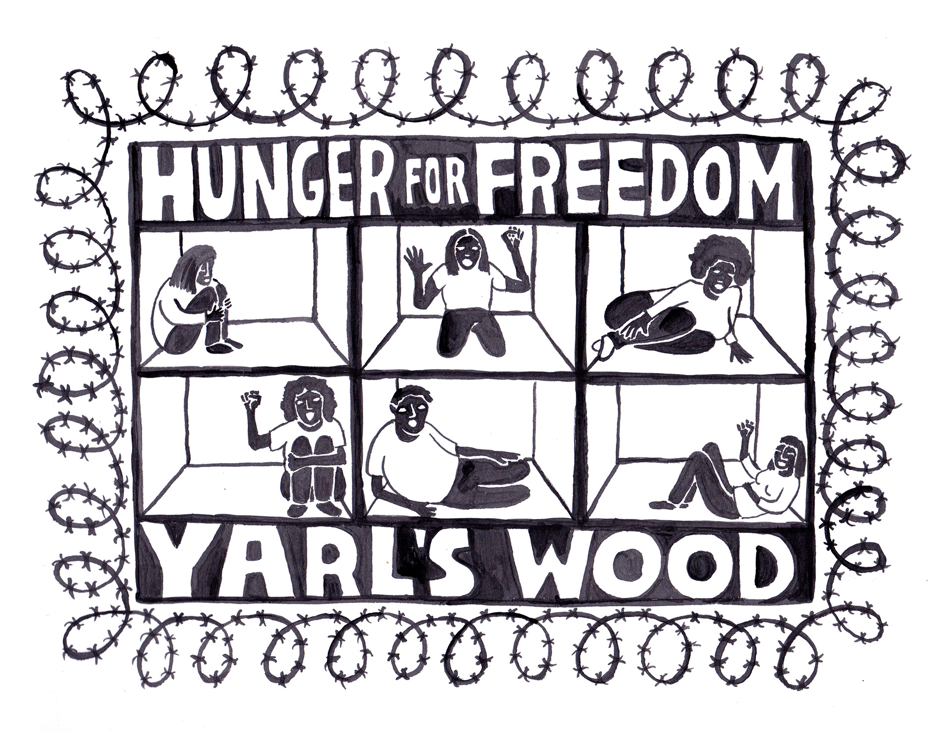 Ink illustration of women in detention centre cells