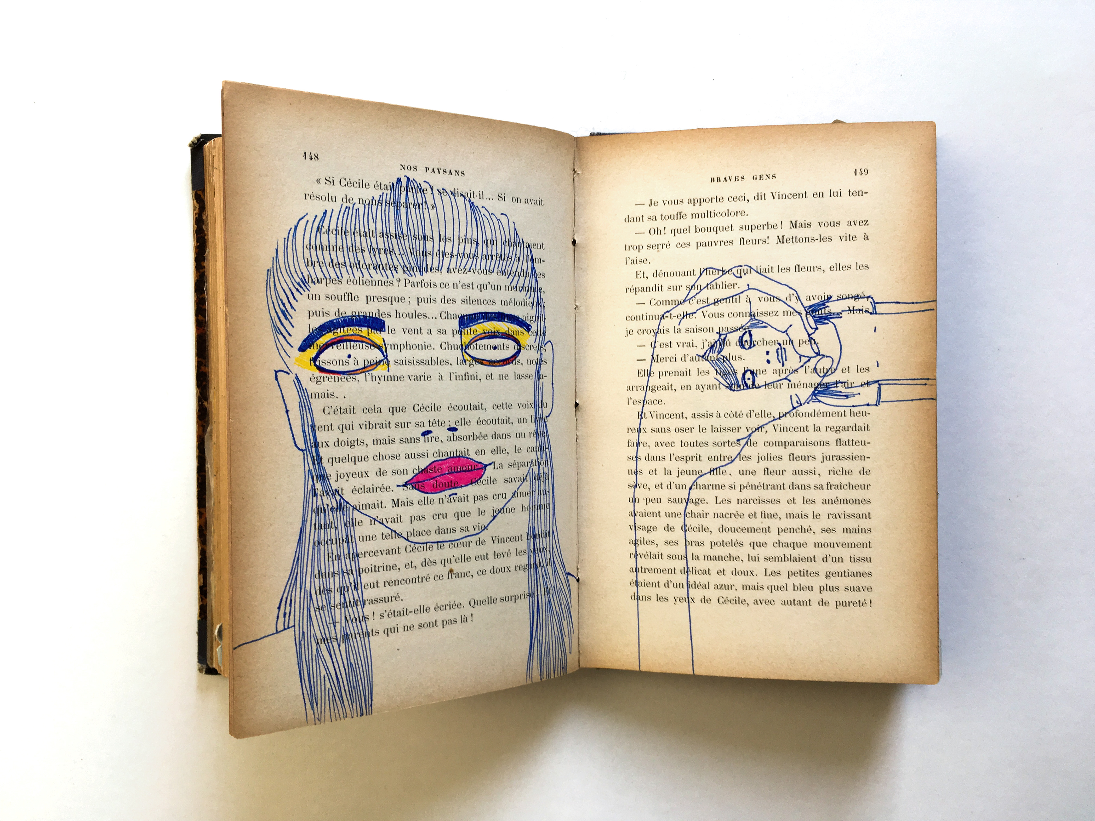 Illustration on repurposed book featuring a woman, and a woman trapped in a difficult situation