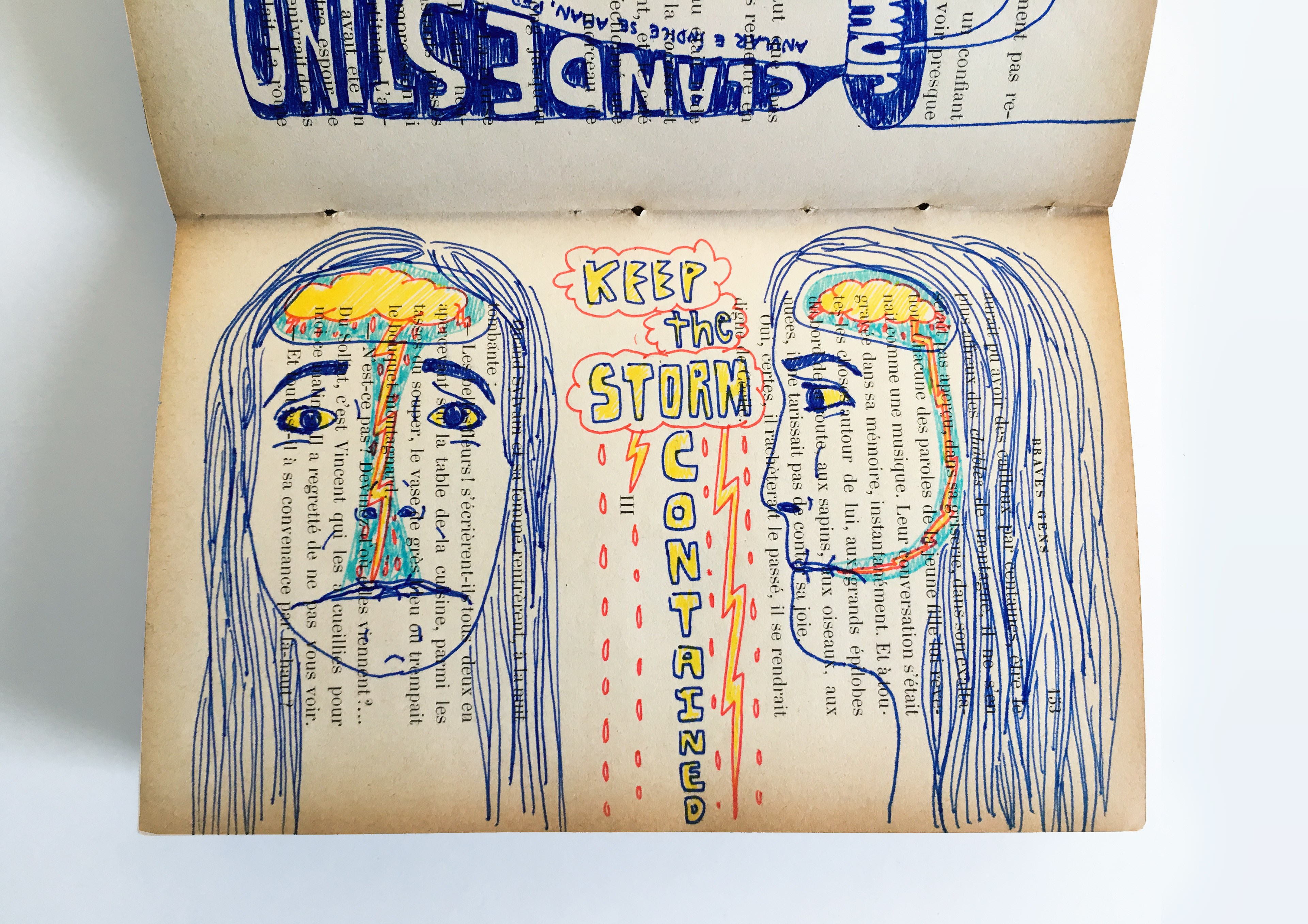 Illustration on repurposed book of girl suppressing her feelings