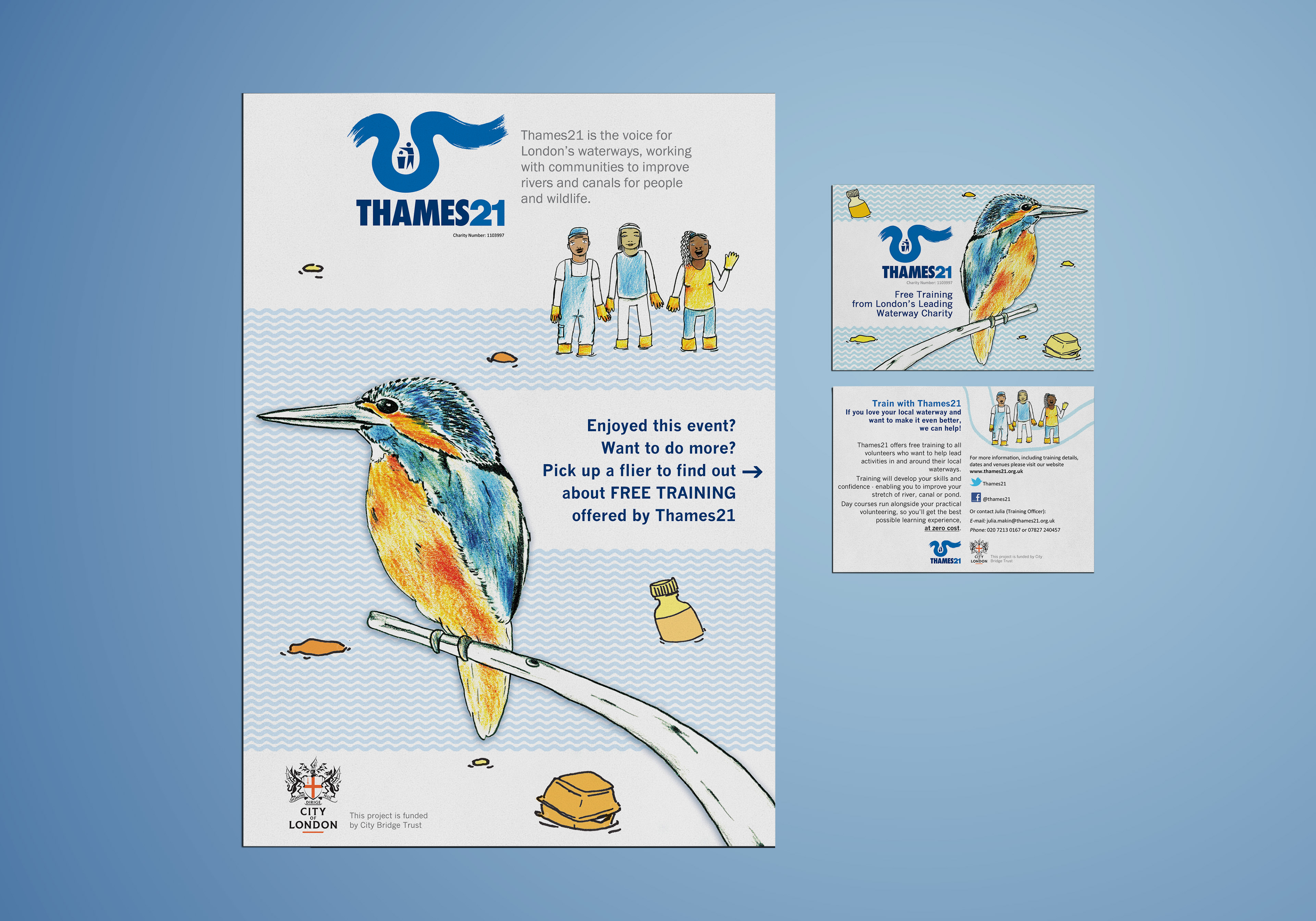 Poster and postcards laid out on table