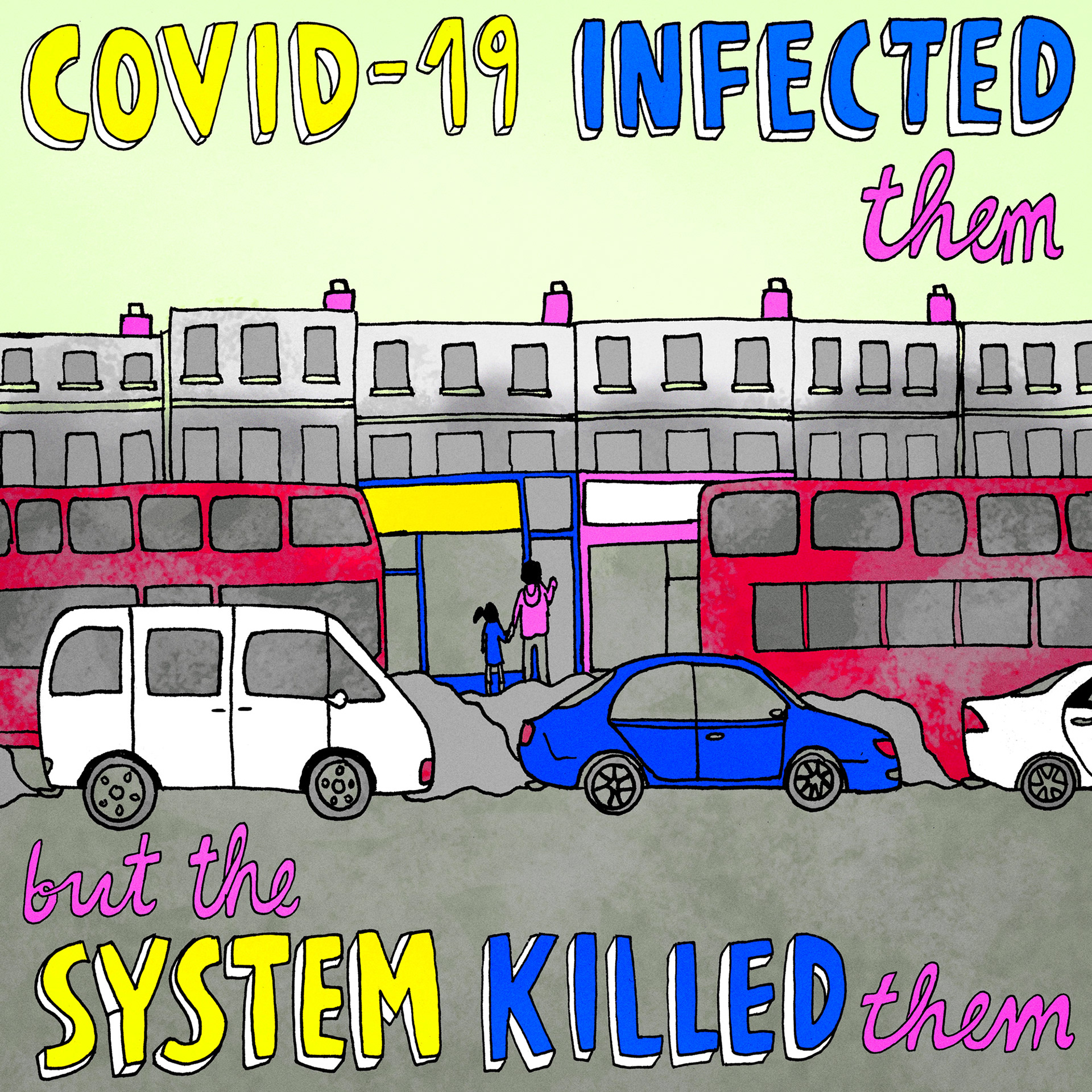 Illustration of polluted London street, and father and daughter entering their house. Illustration and design for social good
