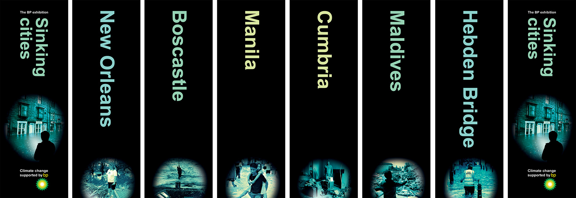 Design of banners unfurled down the front columns of the British Museum by Greenpeace activists