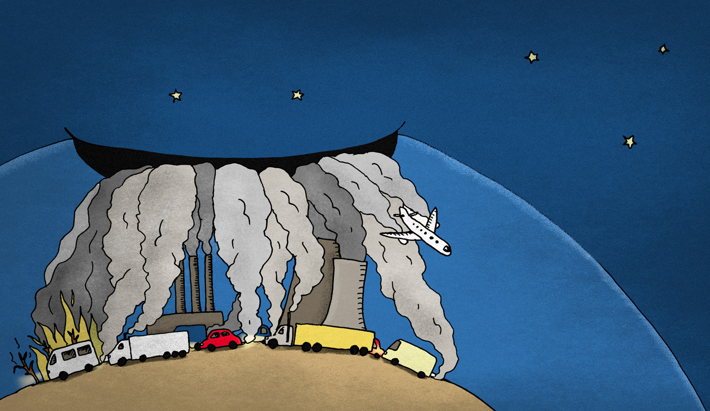 Speculative illustration of pollution being devoured by a carbon-colic atmosphere