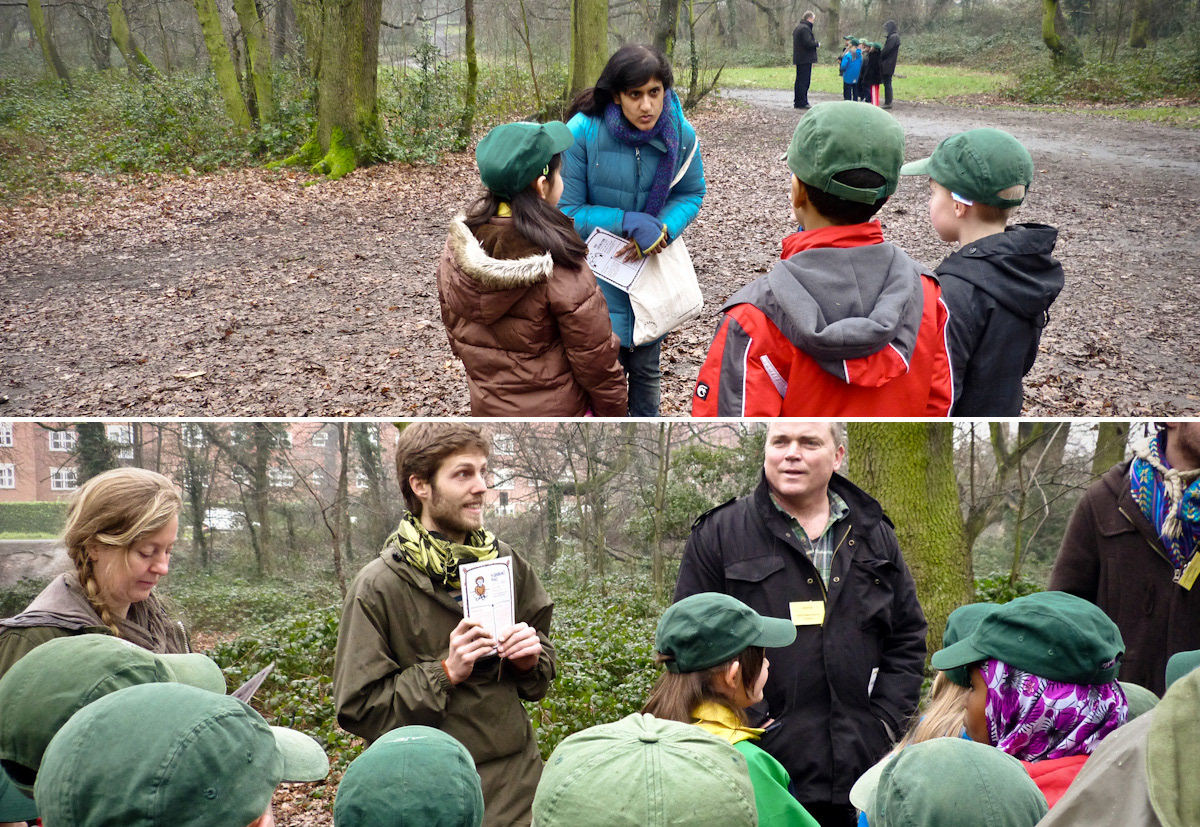 Photograph of educators explaining activity to small groups of children using the toolkit