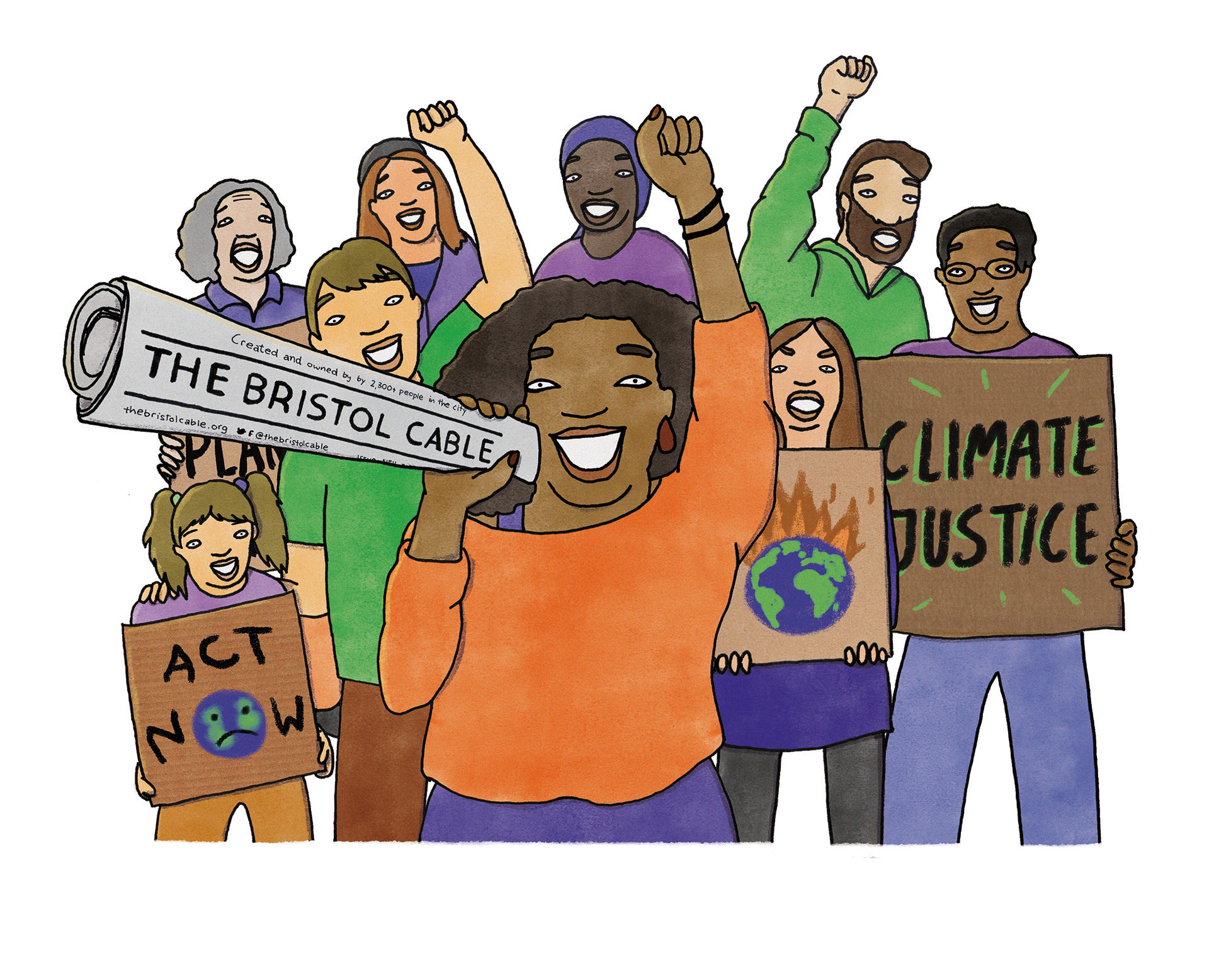 Illustration of a group of people protecting for climate justice