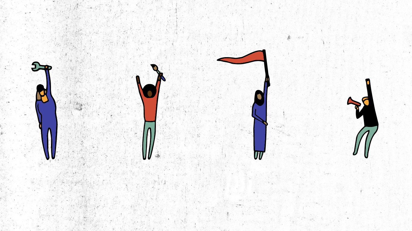 The four characters representing different sectors and groups involved in the coalition: one holding a wrench, one holding a brush, one holding a flag, and one sitting holding a megaphone