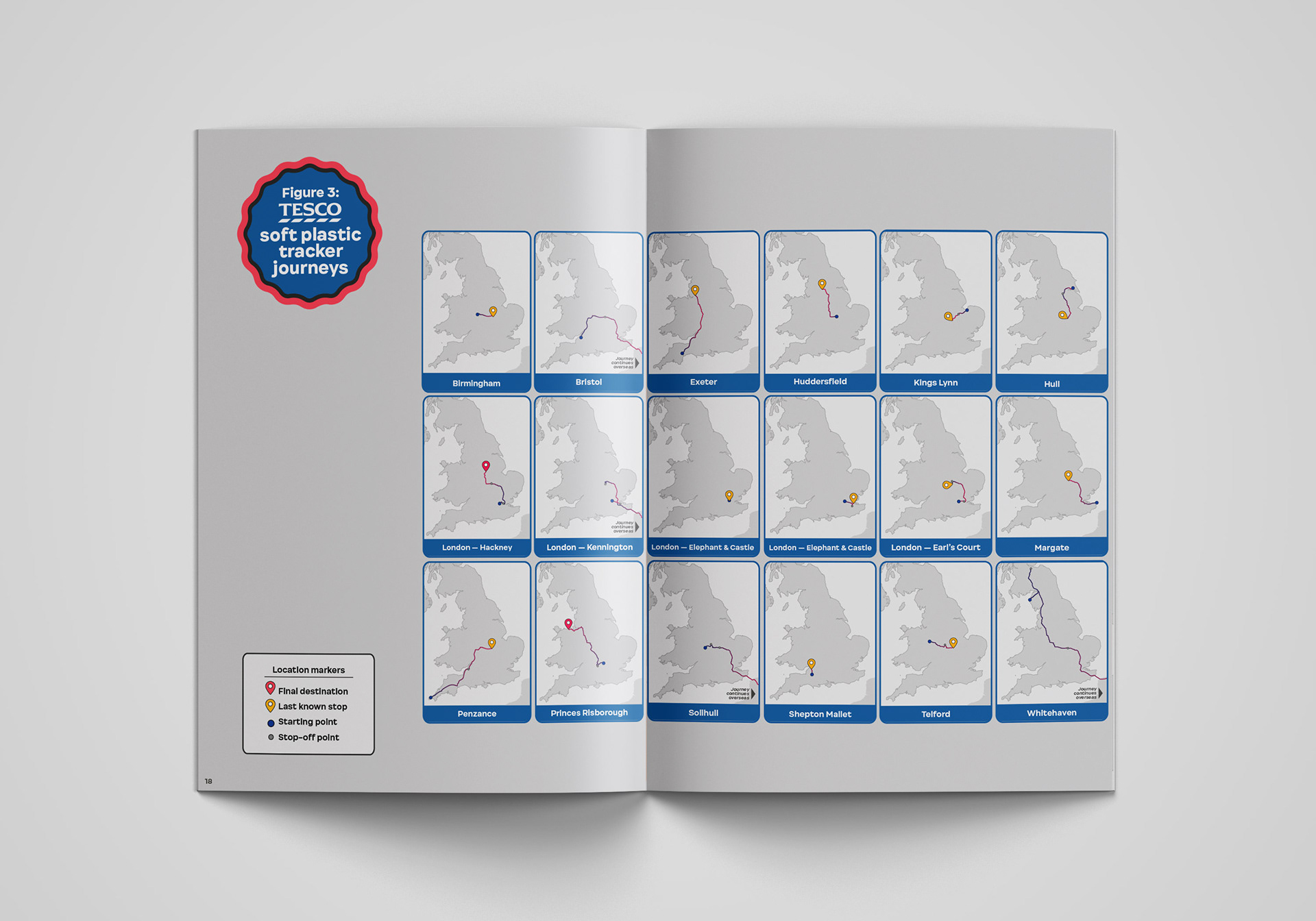 Spread design with maps showing different journeys