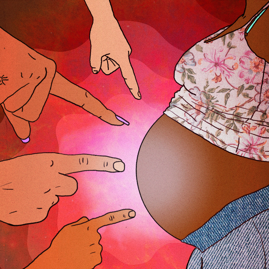 Square digital illustration of four hands pointing at a woman's pregnant belly. Red womb-like background.