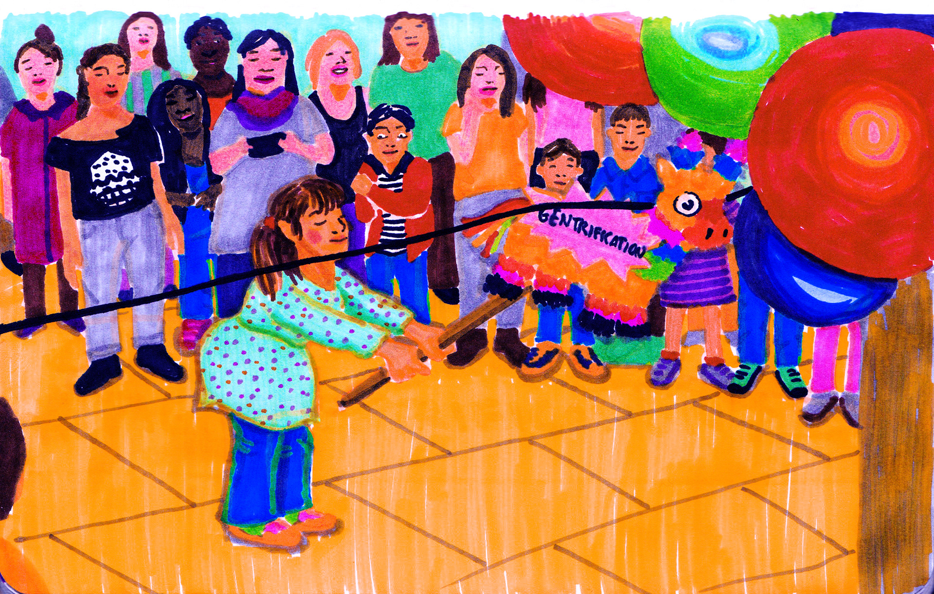 Marker sketch of community party with girl hitting a gentrification piñata