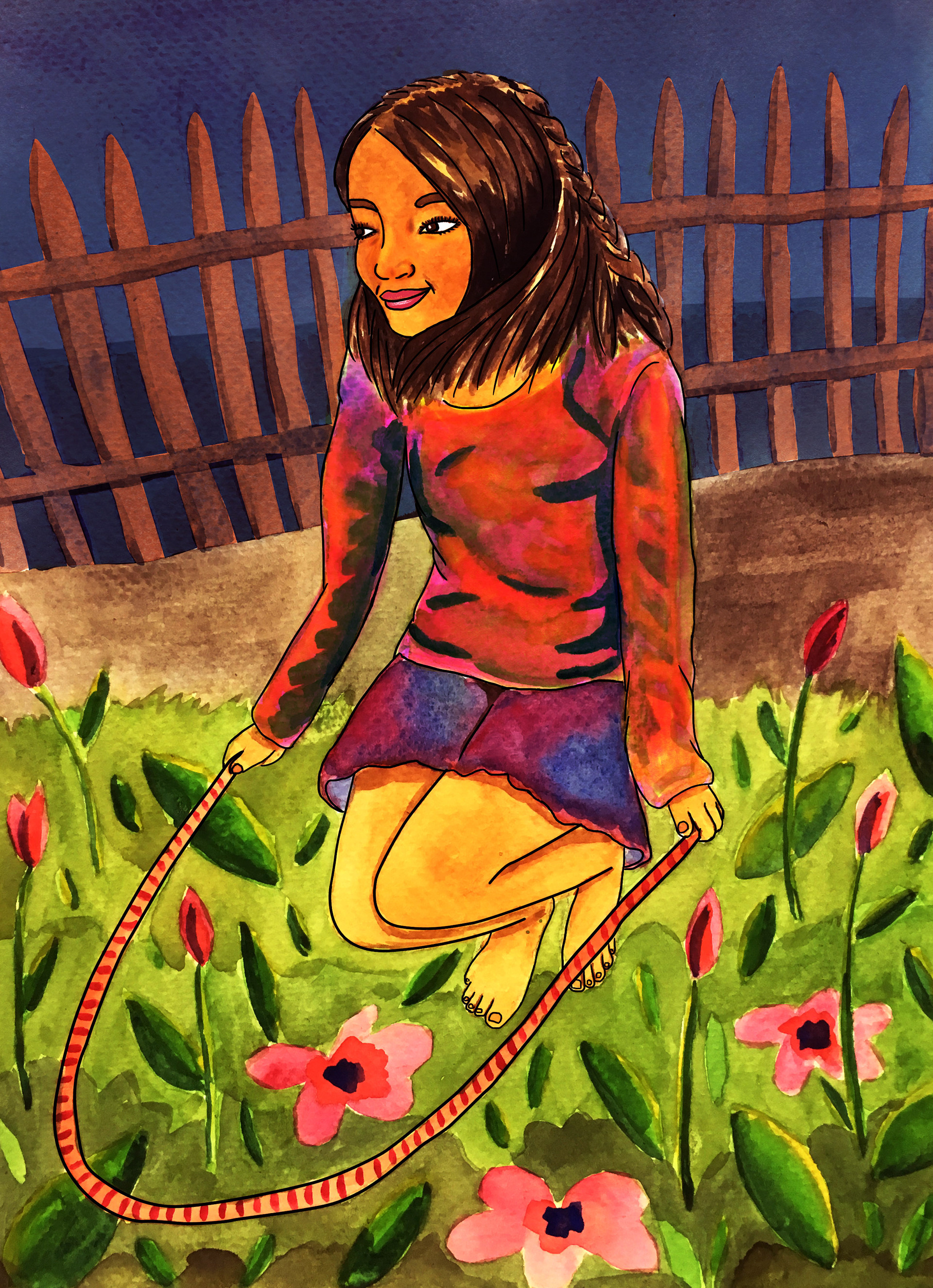 Watercolour illustration of girl rope jumping