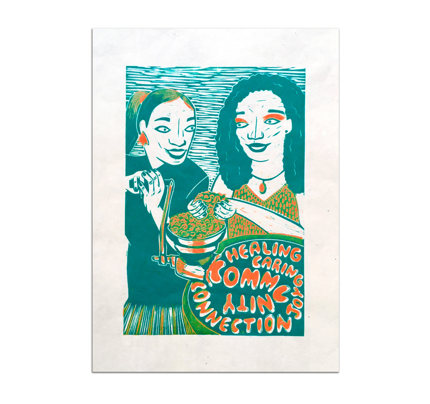 Woodcut print featuring to womxn grinding corn and nurturing community