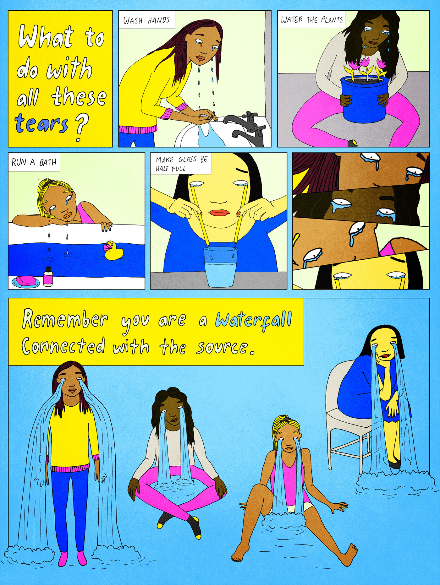 Comic strip, people crying and wondering what to do with all their tears, and then they discover/remember they are waterfalls