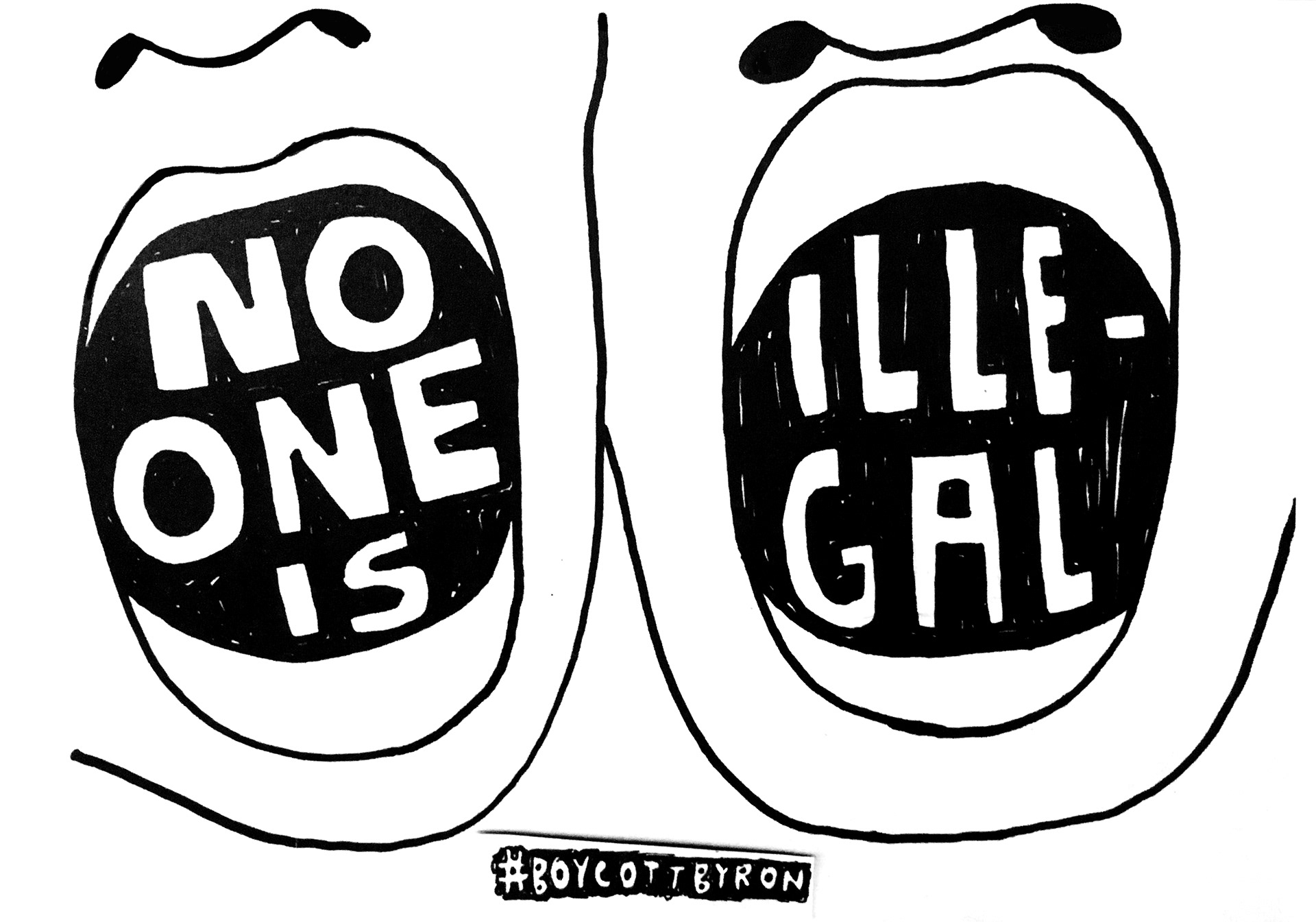 Marker illustration of people shouting 'no one is illegal'