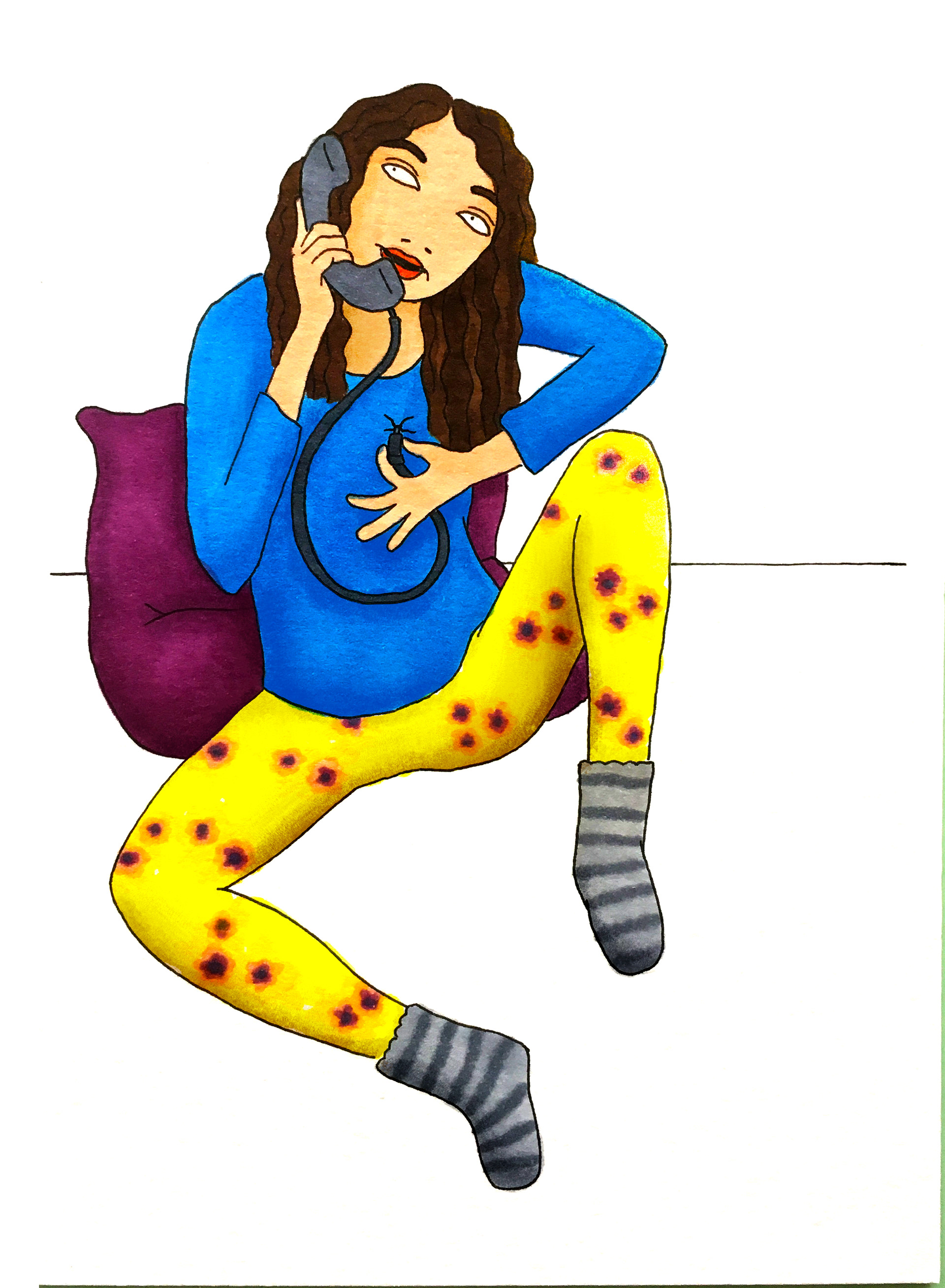 Marker illustration of woman calling herself with a phone