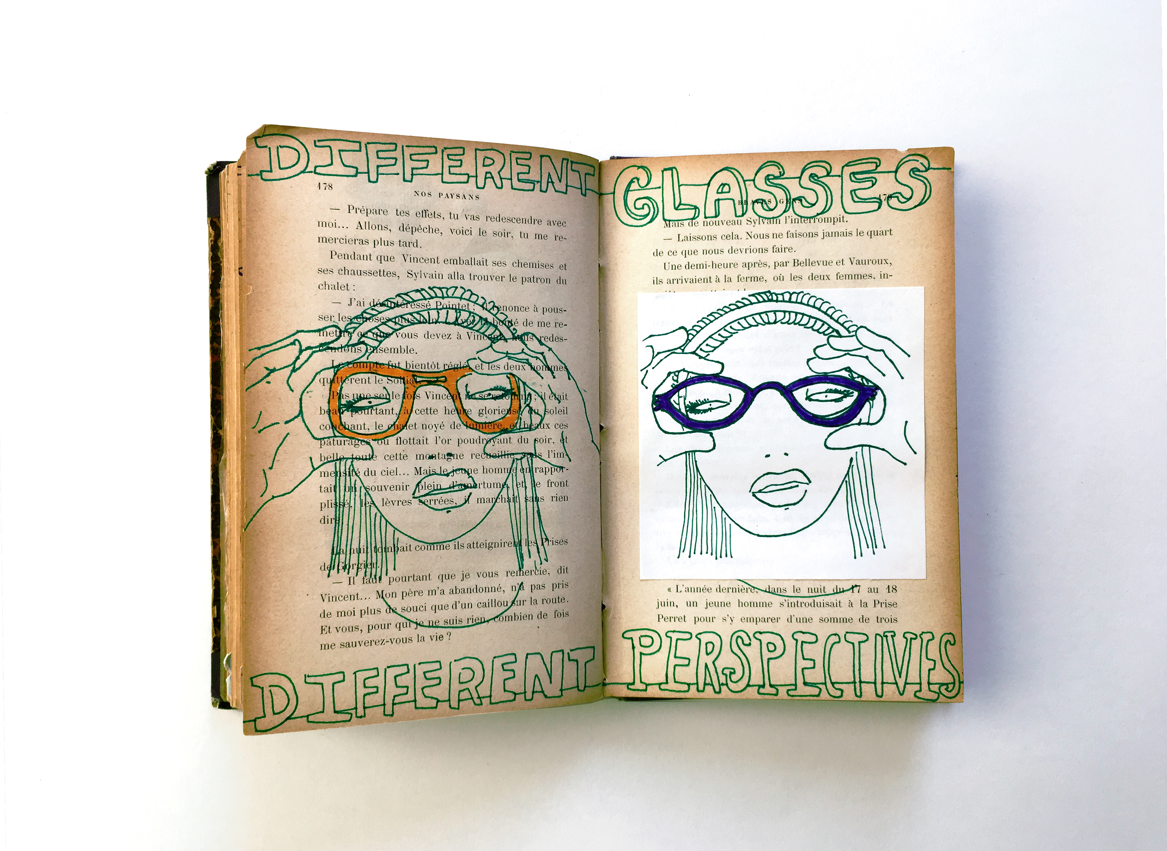 Illustration on repurposed book featuring woman changing glasses and perspective