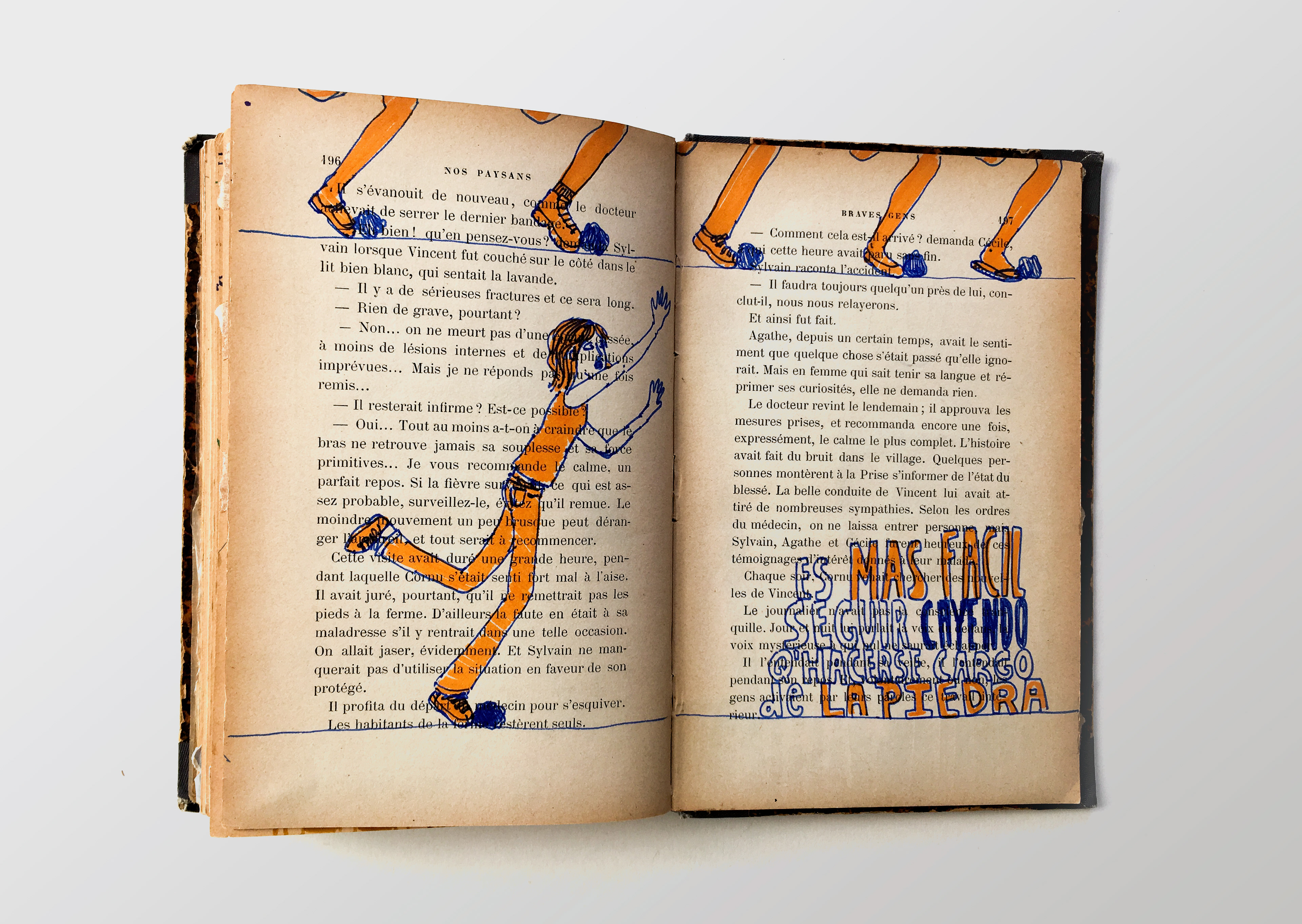 Illustration on repurposed book featuring person stumbling on the same rock over and over again