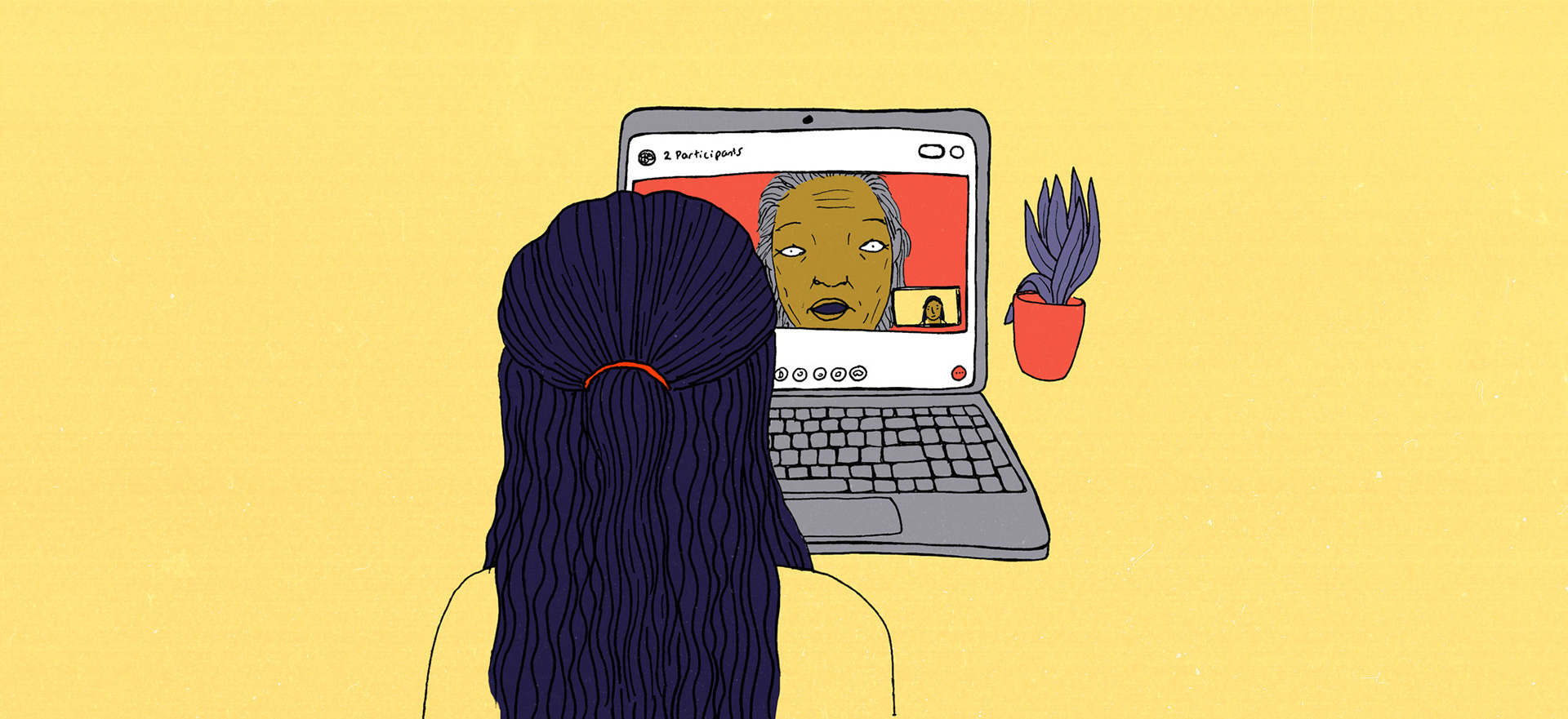 Illustrations woman talking to her mother on the computer. Social justice illustrations