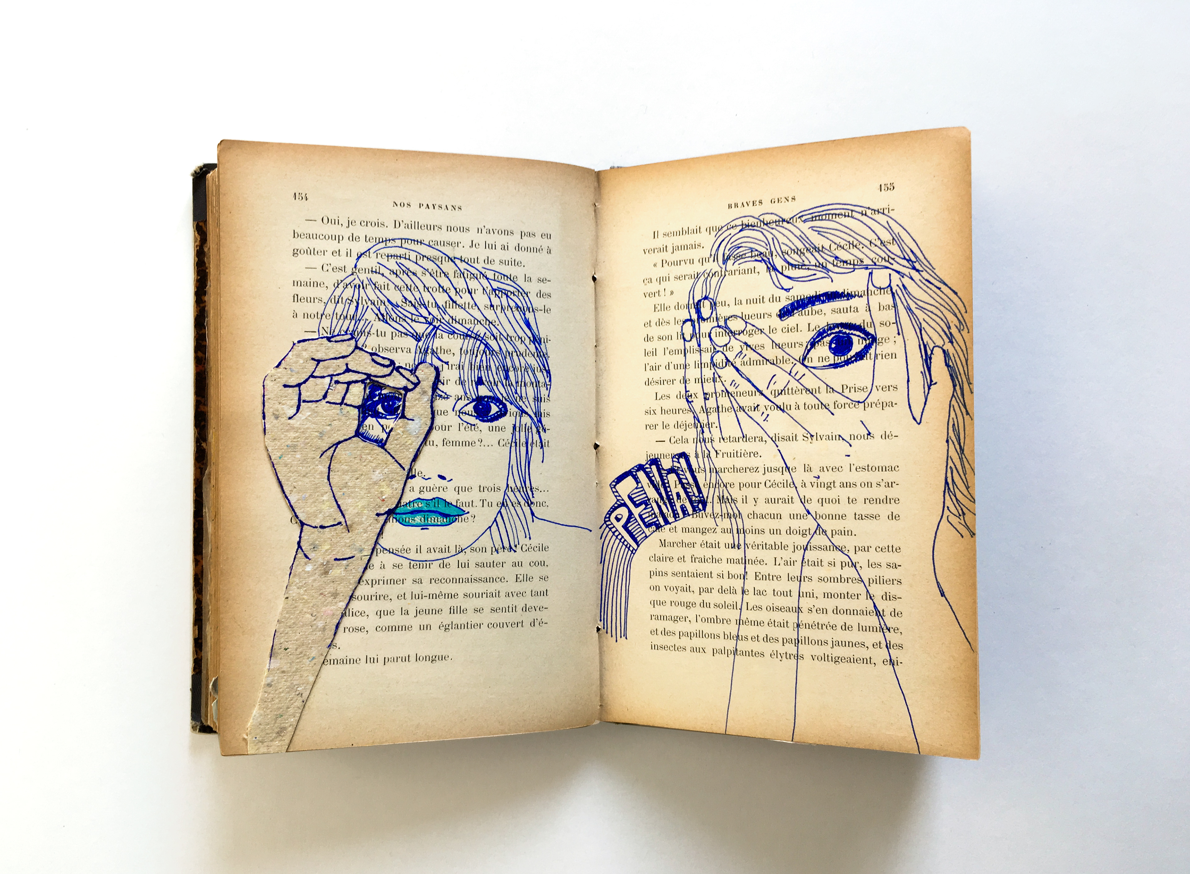 Illustration on repurposed book of girl feeling shy