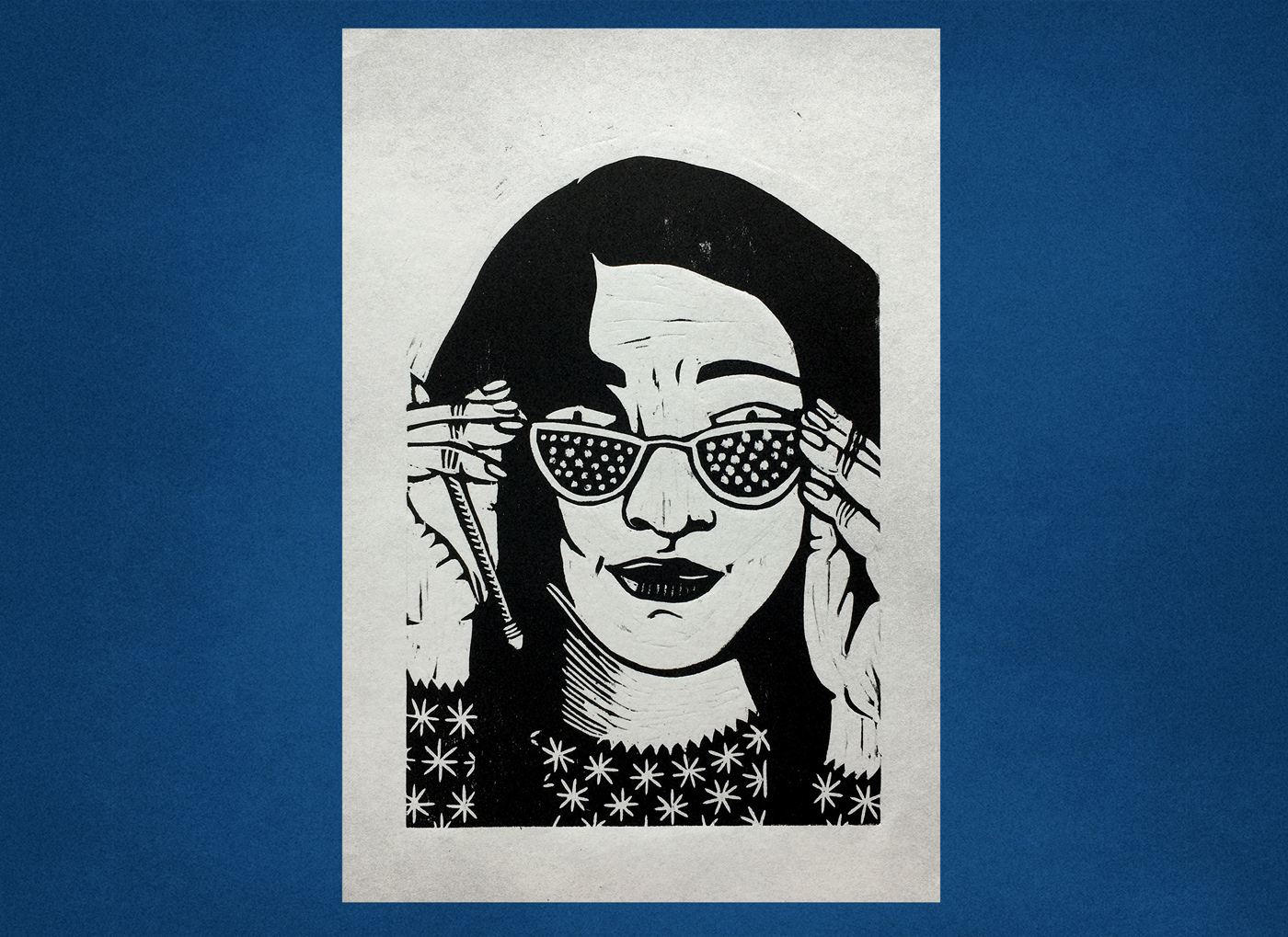 Woodcut print of a woman wearing glasses with black and white dots on the lenses, to help see things blurry, inspired by the concept Ch'ixi and its decolonial possibilities.
