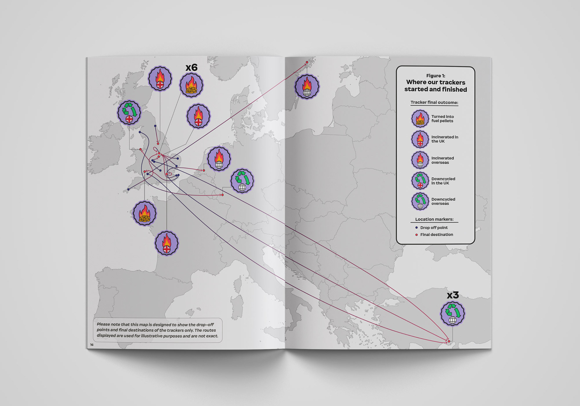 Spread design of map of Europe showing the journeys of different trackers