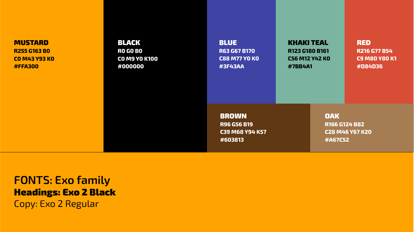 Colour palette with codes: mustard, black, blue, khaki teal, red, brown, oak. And font: exo family