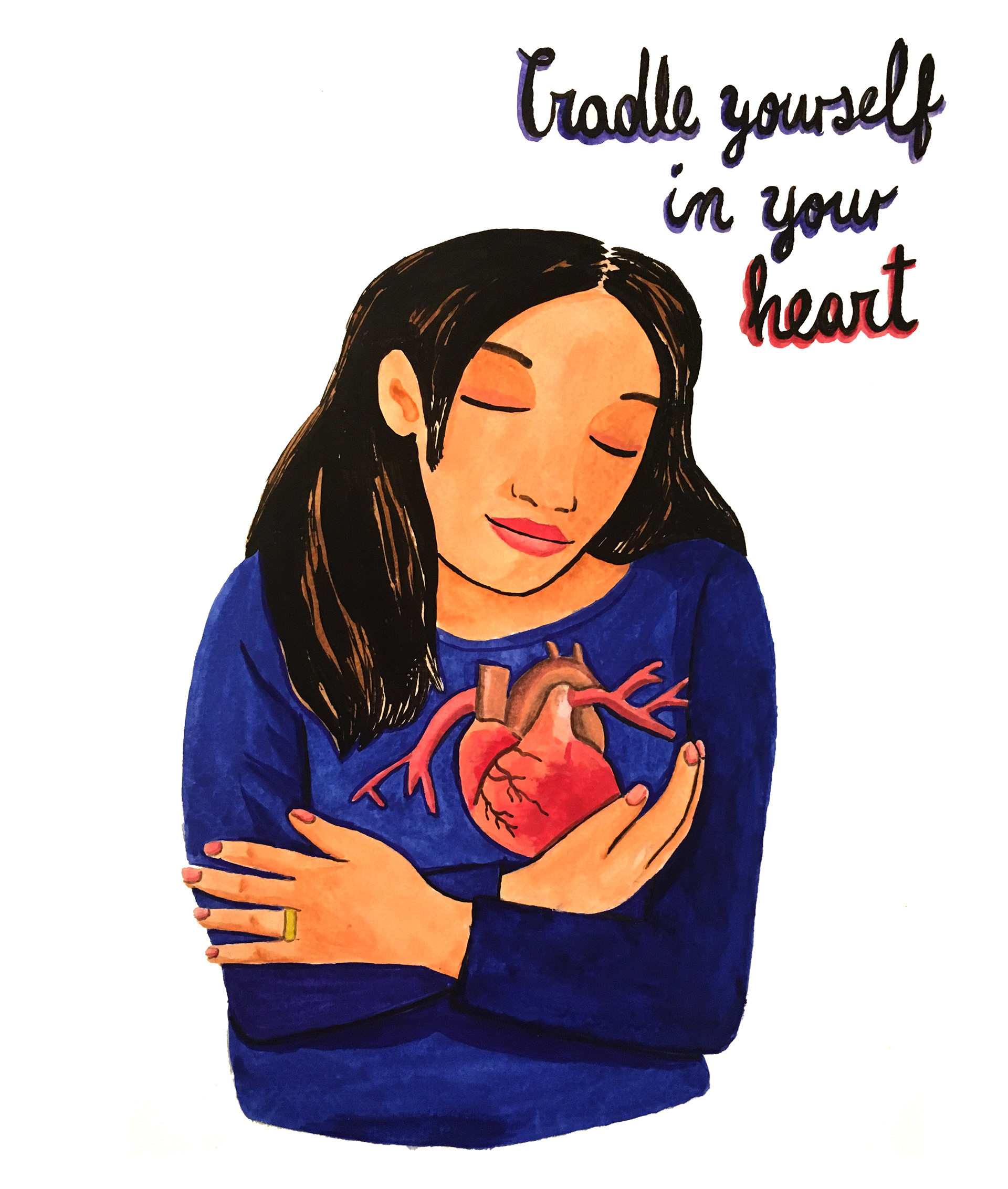 Watercolour illustration of woman cradling her heart