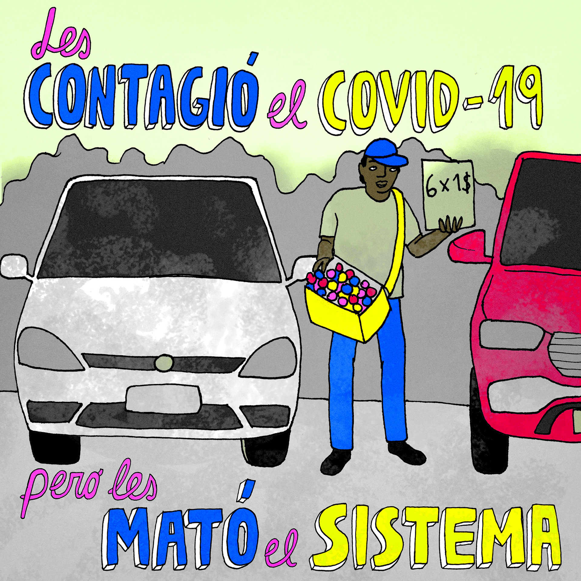 Illustration of man selling candy in the middle of a polluted street