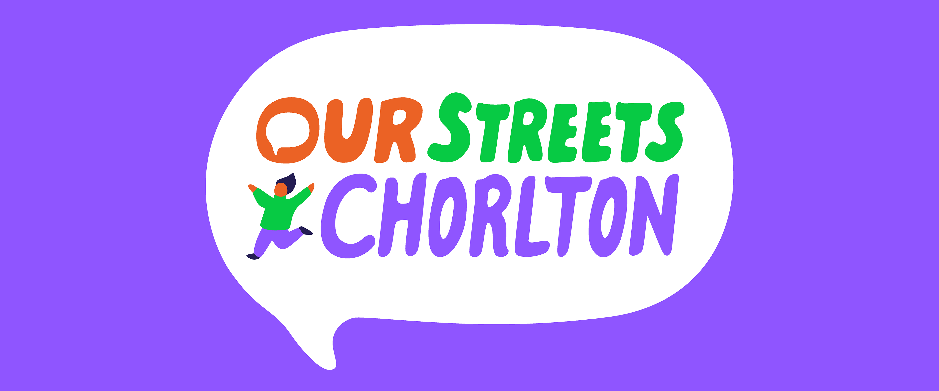 Simplified logo for Our Streets Chorlton with one character and inside a speech bubble