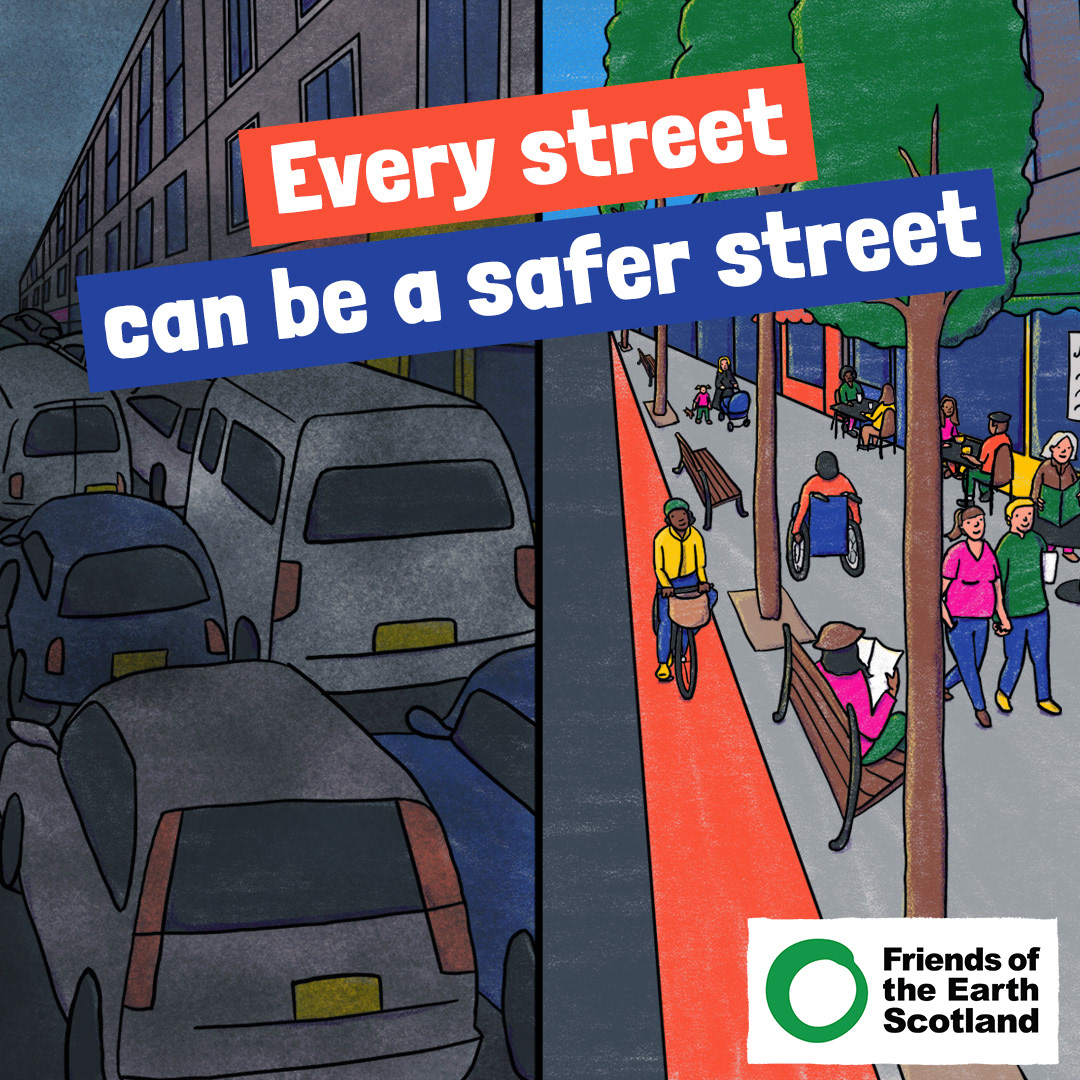 Illustration of a street full of cars vs a pedestrianised street