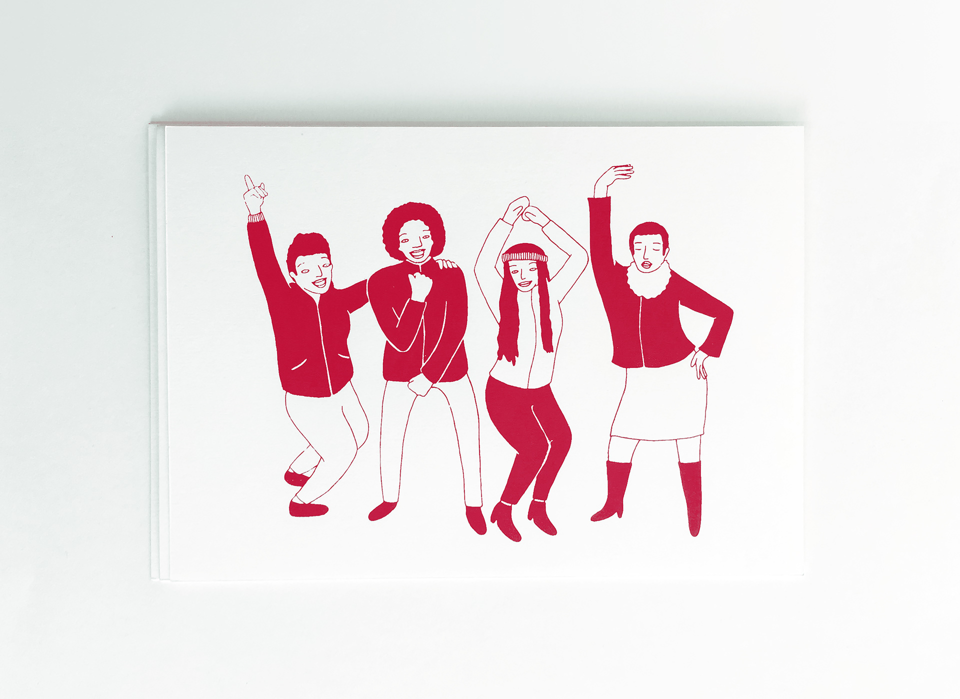 Photograph of screen printed card - four people dancing