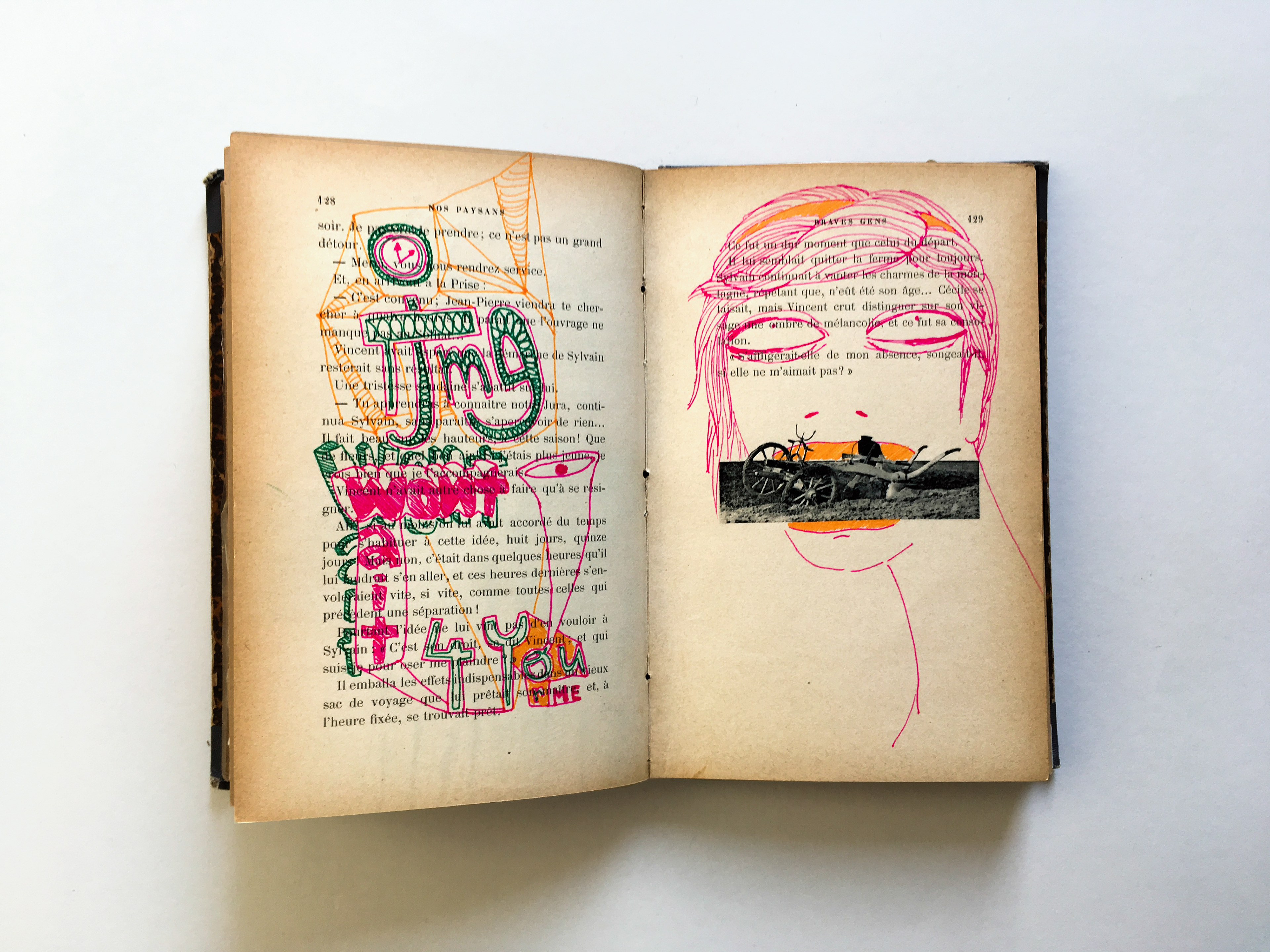 Illustration on repurposed book of woman telling a story