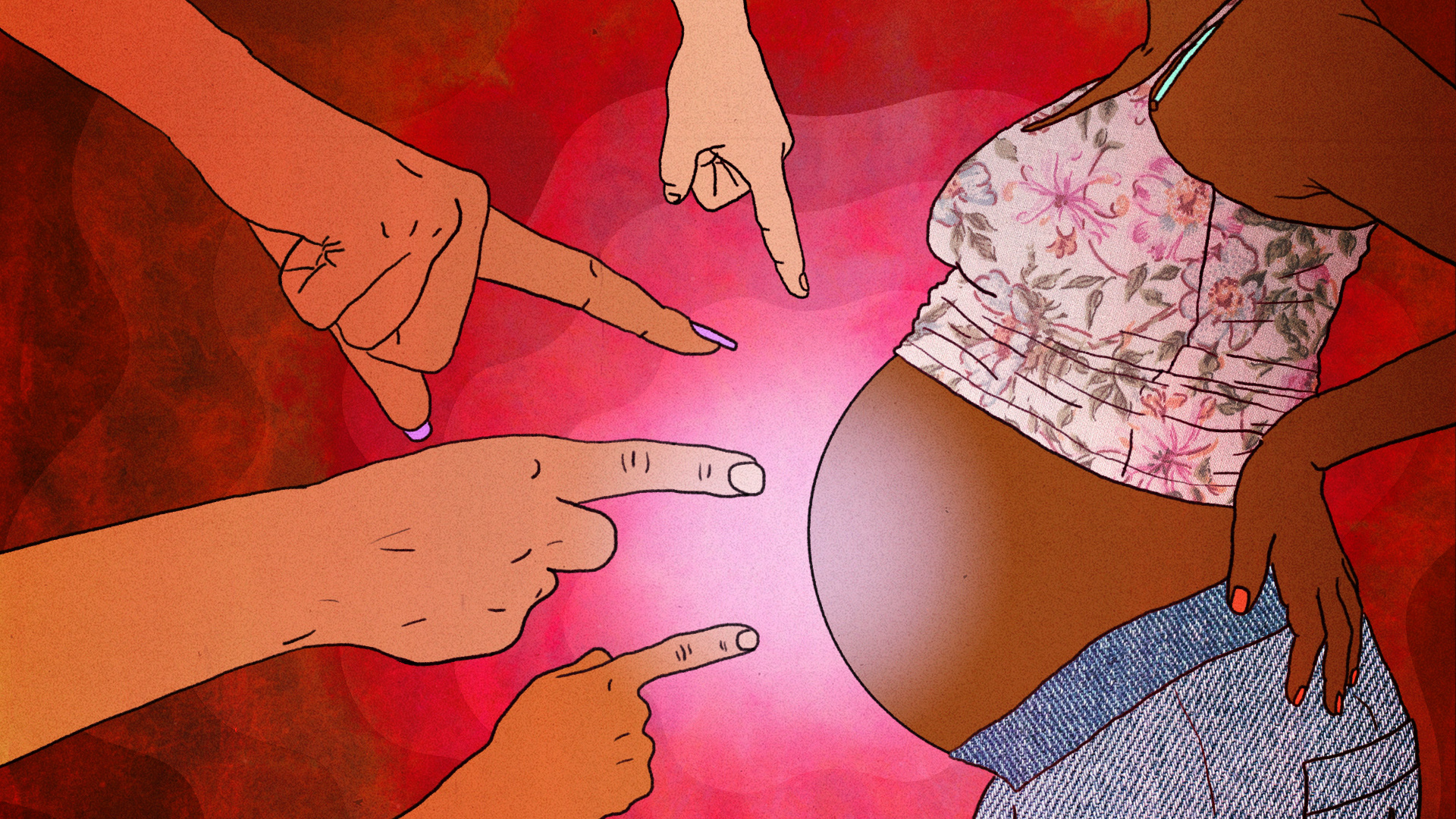 Landscape digital illustration of four hands pointing at a woman's pregnant belly. Red womb-like background.
