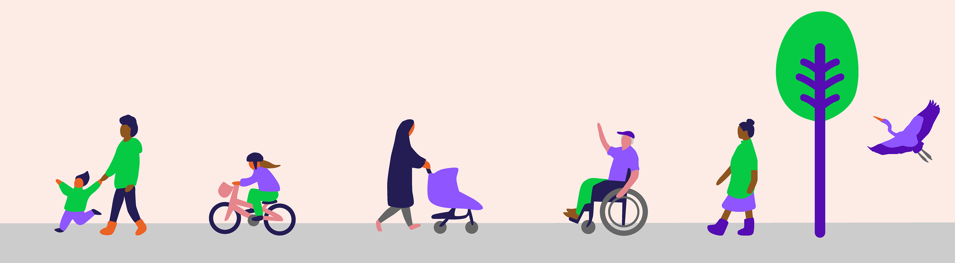 Several colourful vector graphics characters walking on a street