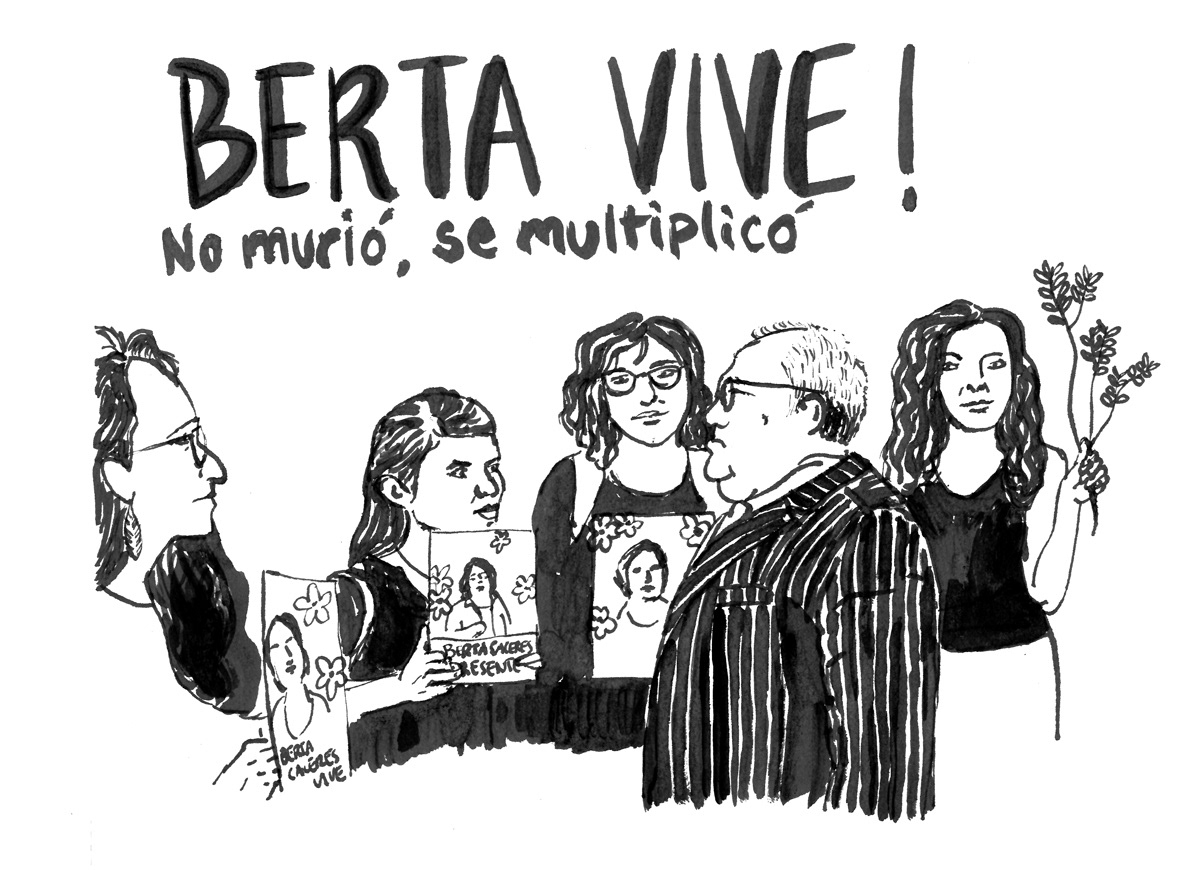 Ink illustration of women asking for justice for Berta Caceres